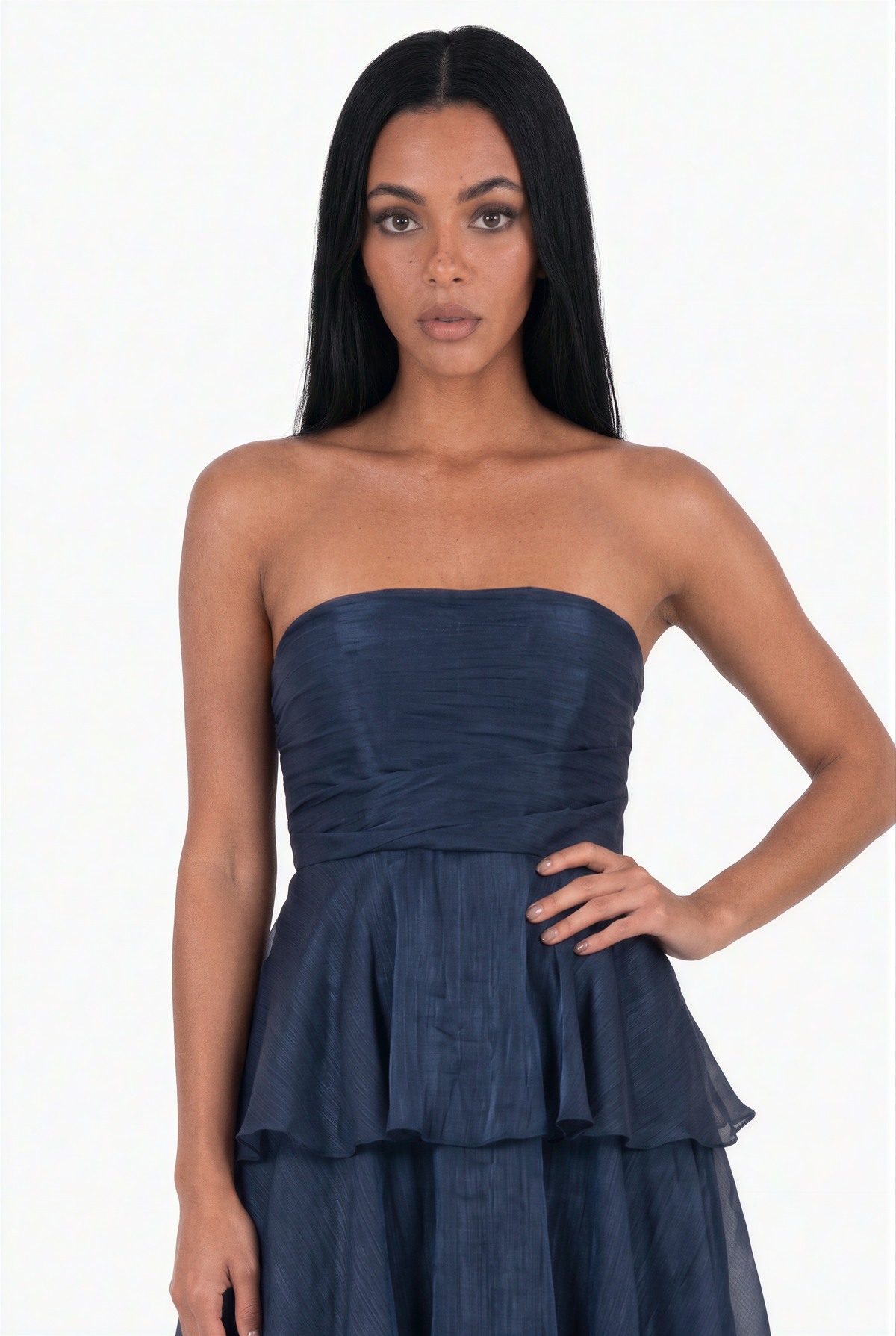 Navy Tiered Ruffle Strapless Maxi Dress