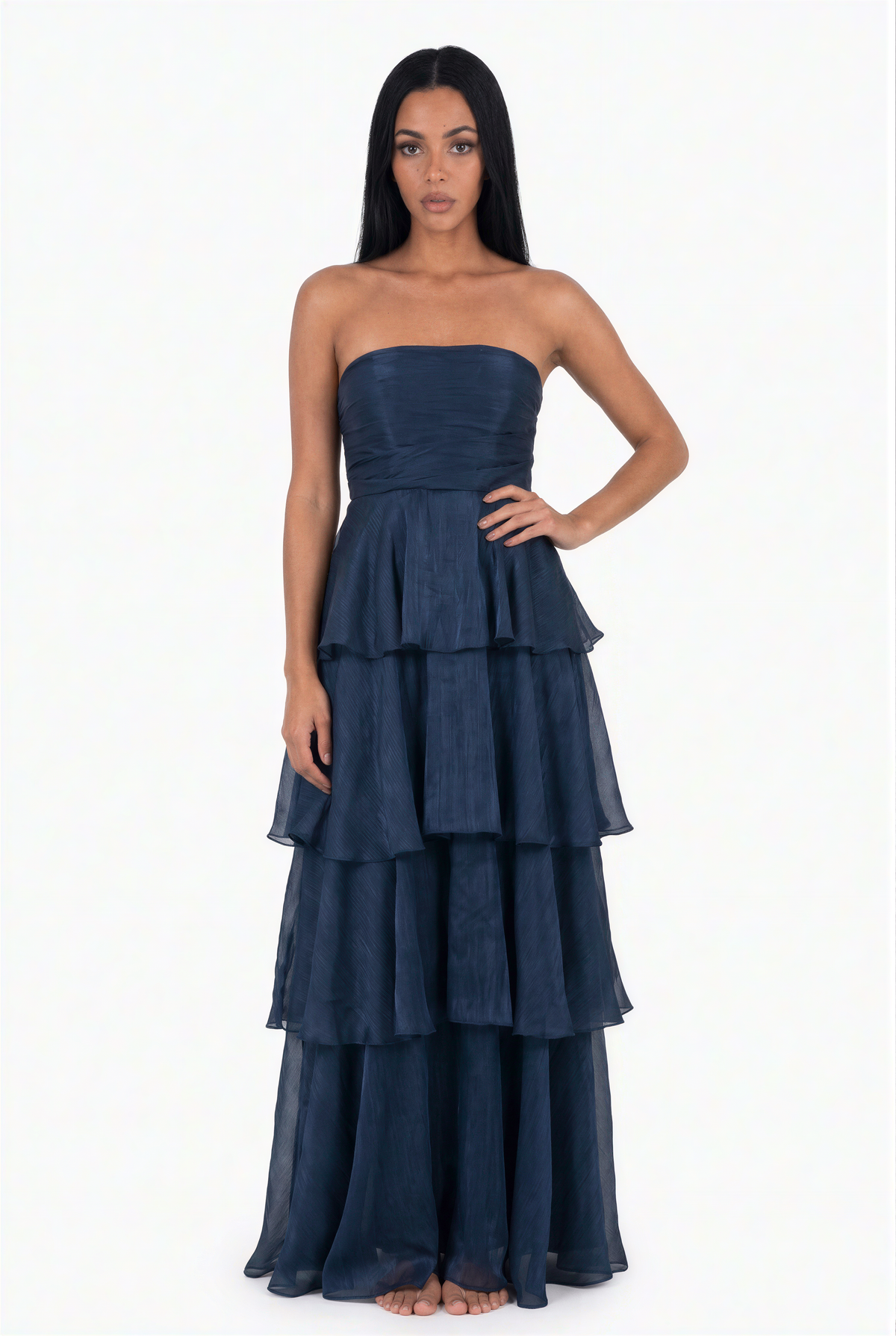 Navy Tiered Ruffle Strapless Maxi Dress