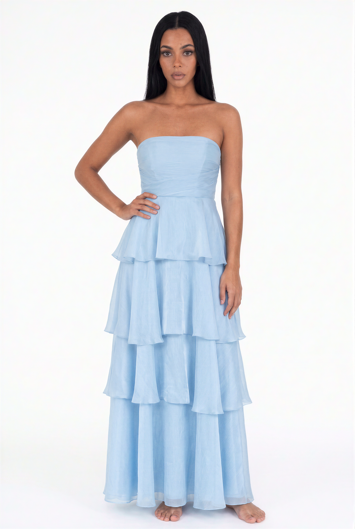 Navy Tiered Ruffle Strapless Maxi Dress