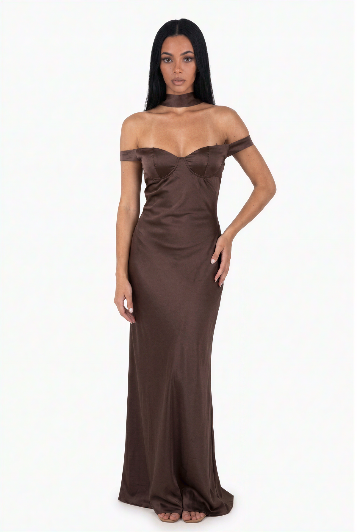 Brown Satin Open-Back Halter Maxi Dress