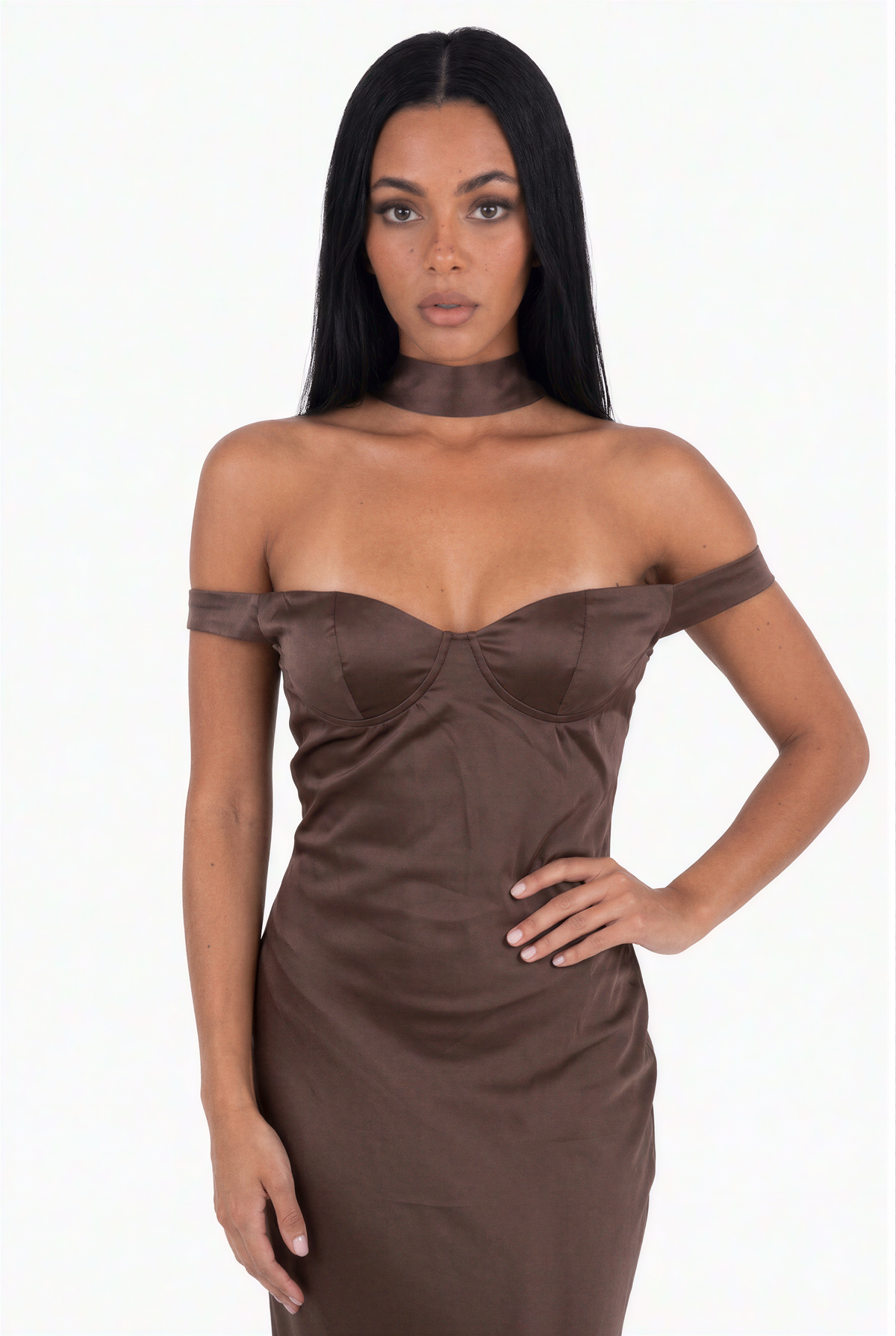 Brown Satin Open-Back Halter Maxi Dress