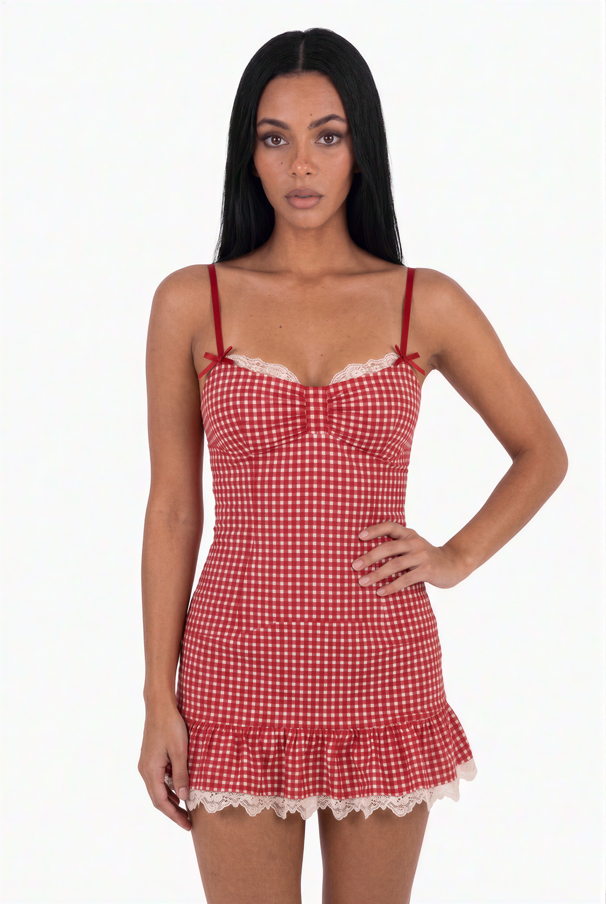 Red Gingham Lace-Trim Mini