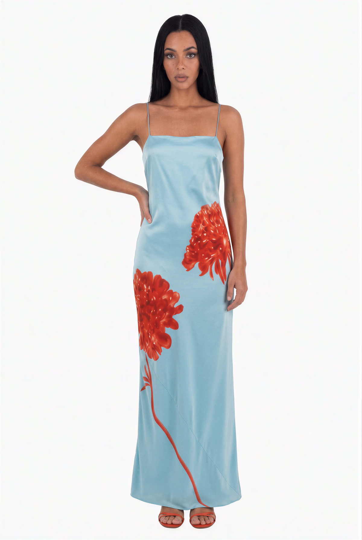 Light Blue Satin Floral Maxi Dress