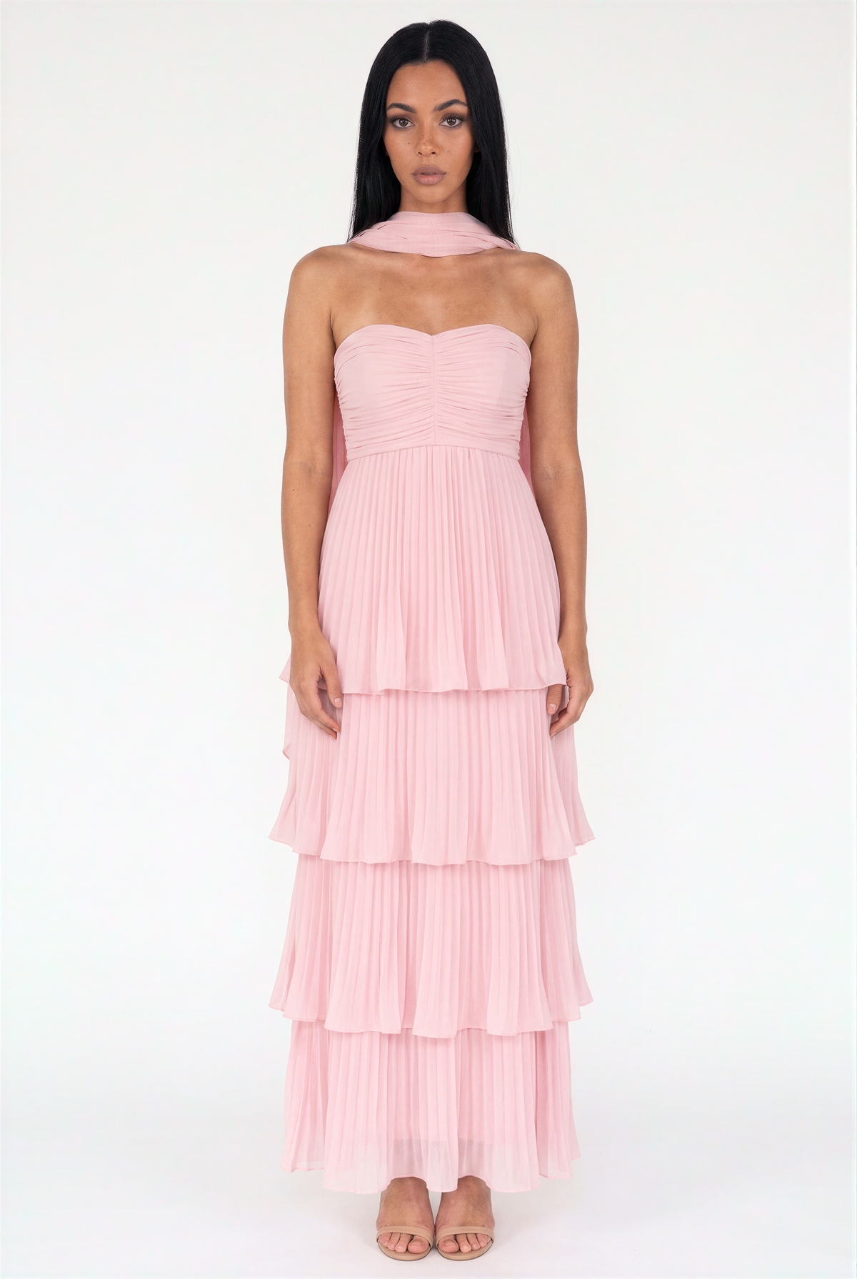 Blush Pink Strapless Tiered Pleated Maxi Dress