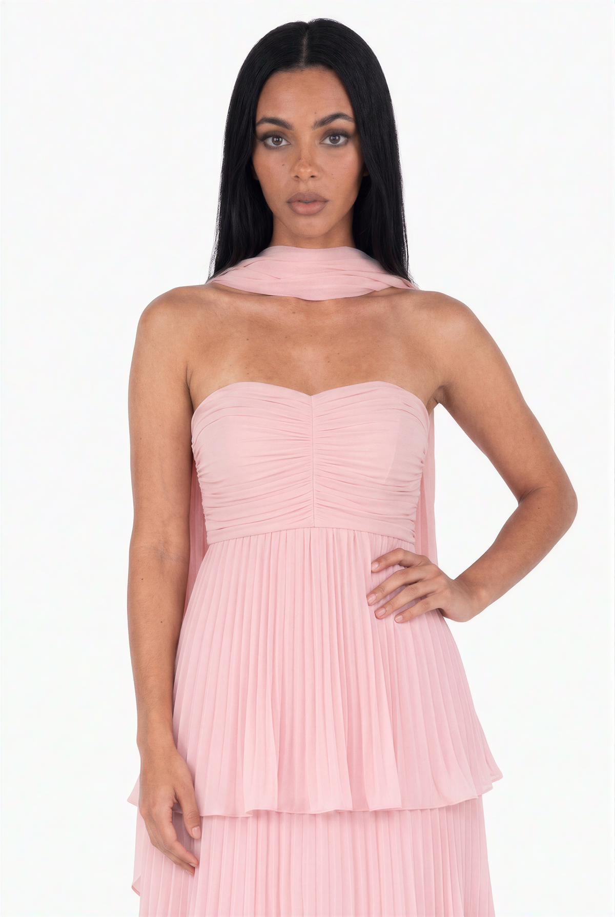 Blush Pink Strapless Tiered Pleated Maxi Dress