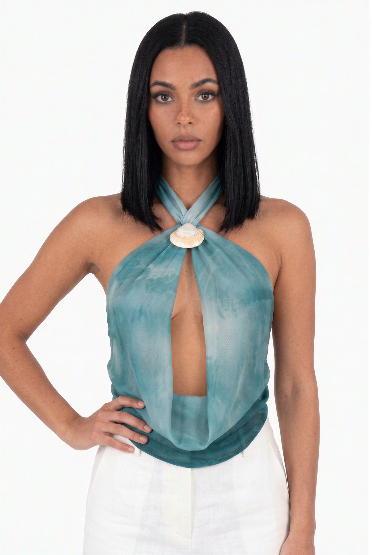 Teal Cowl-Neck Draped Top