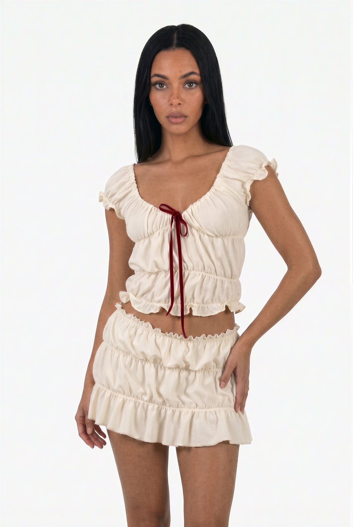 Cream Ruffled Tie-Front Co-ord Set