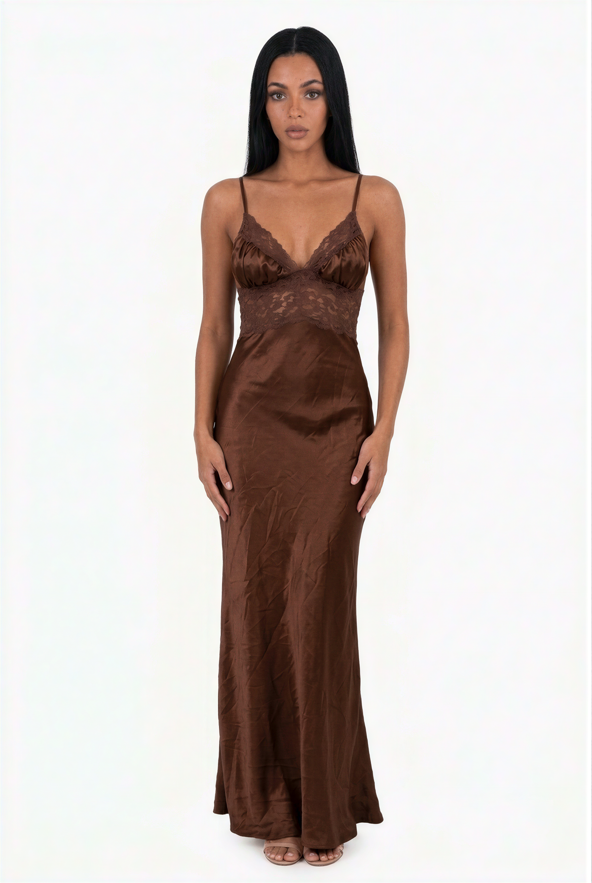 Chocolate Brown Satin Lace-Trim Maxi Dress