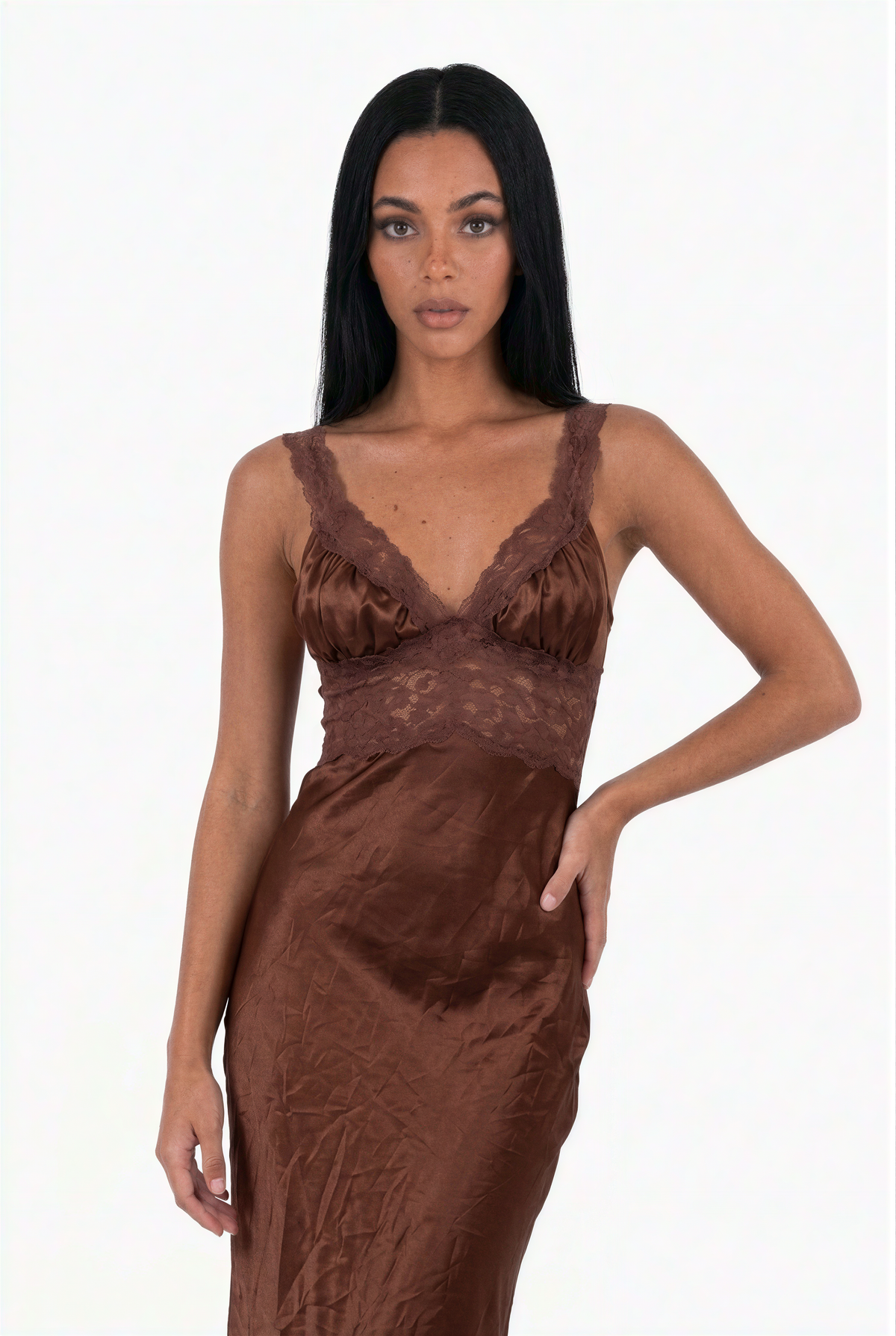 Chocolate Brown Satin Lace-Trim Maxi Dress