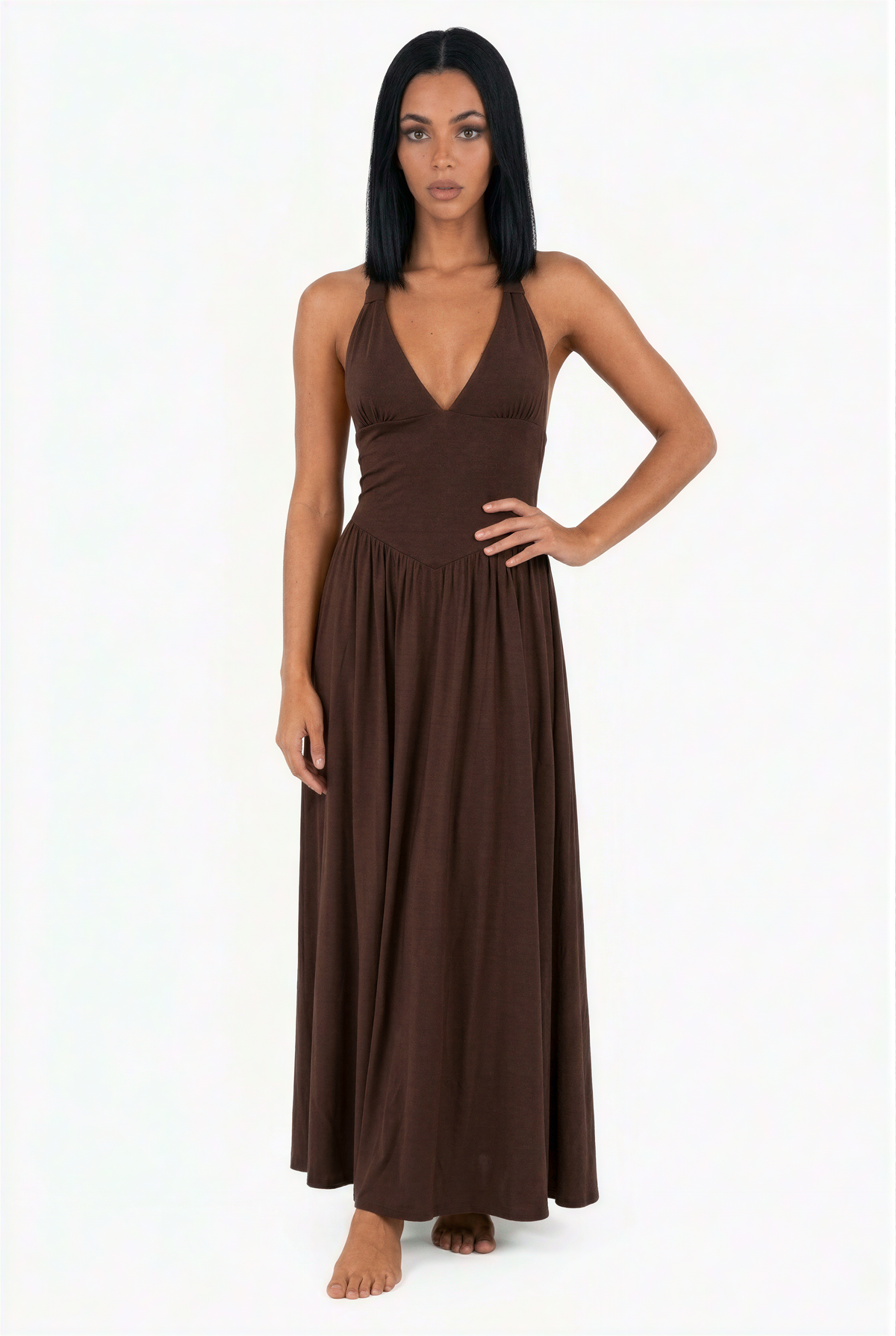 Brown Halterneck Scuba Maxi Dress