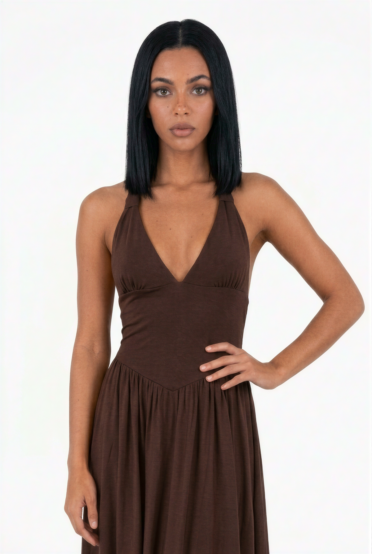 Brown Halterneck Scuba Maxi Dress