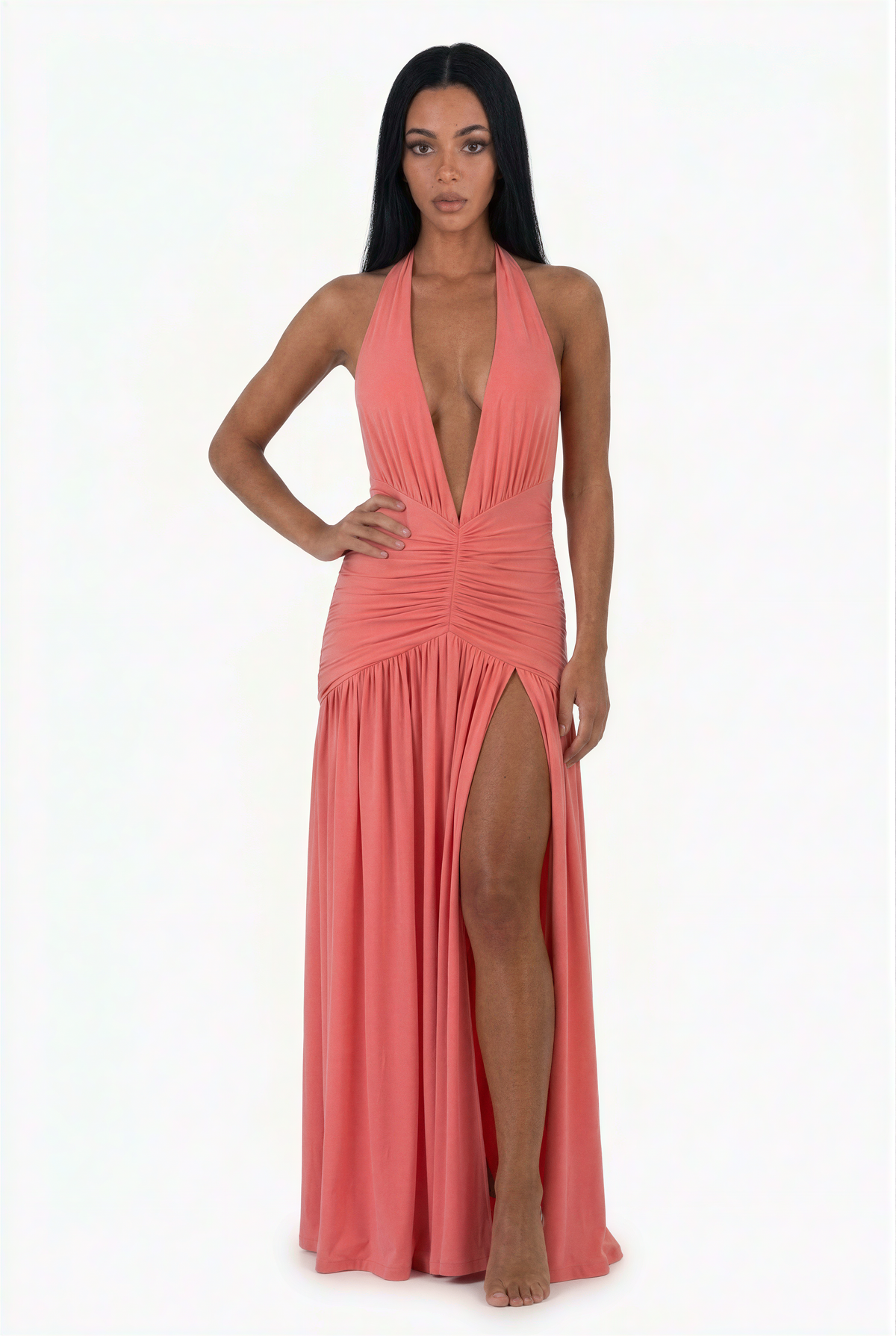 Coral Plunge Halter Maxi Dress