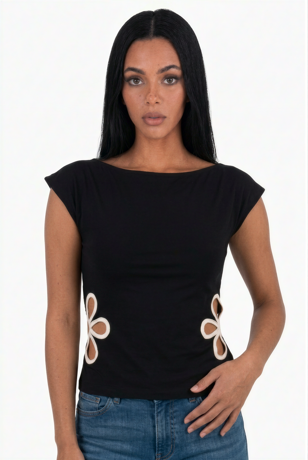 Black Cutout Flower Side Detail Short Sleeve Top
