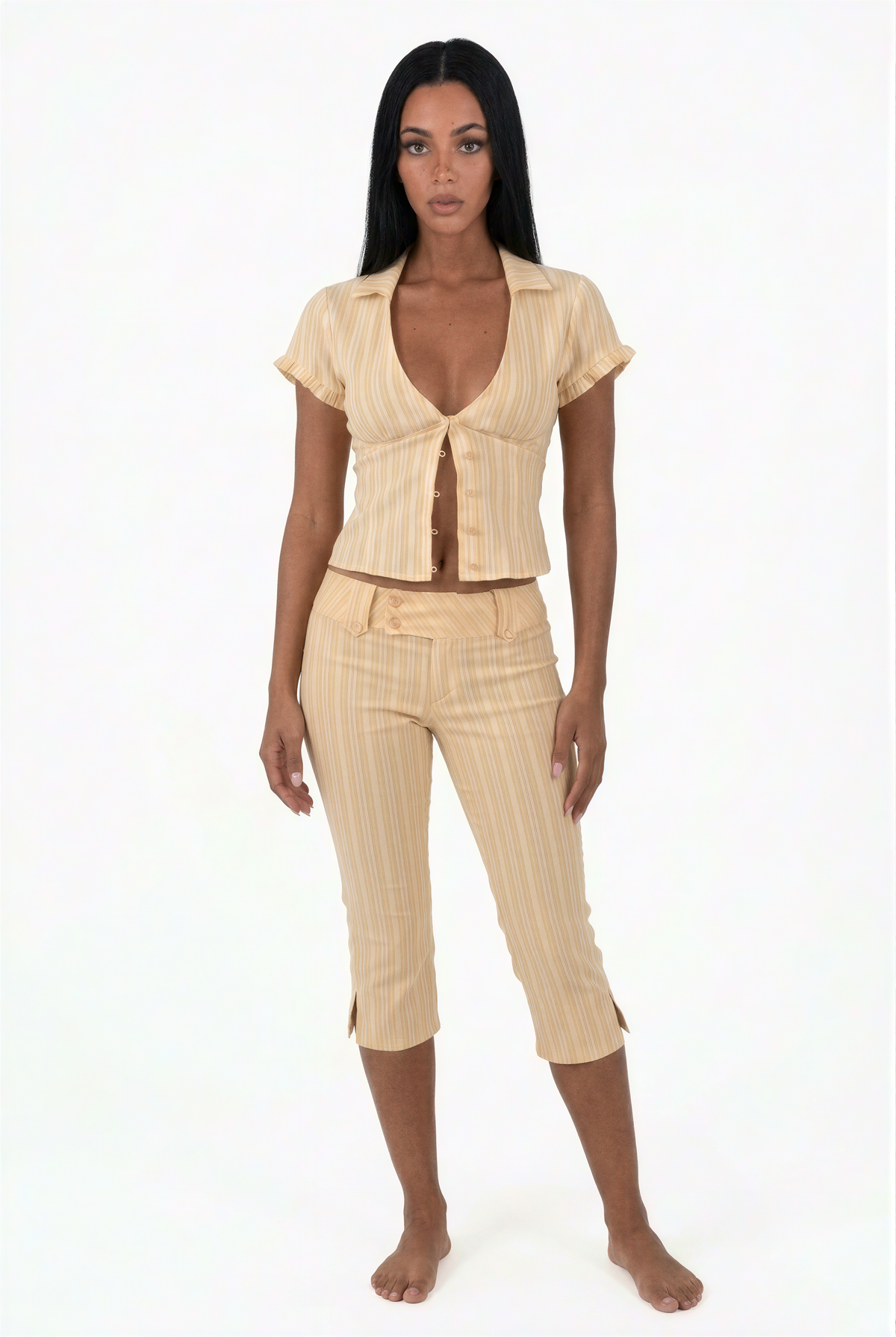 Yellow & White Striped Two-Piece Capri Set