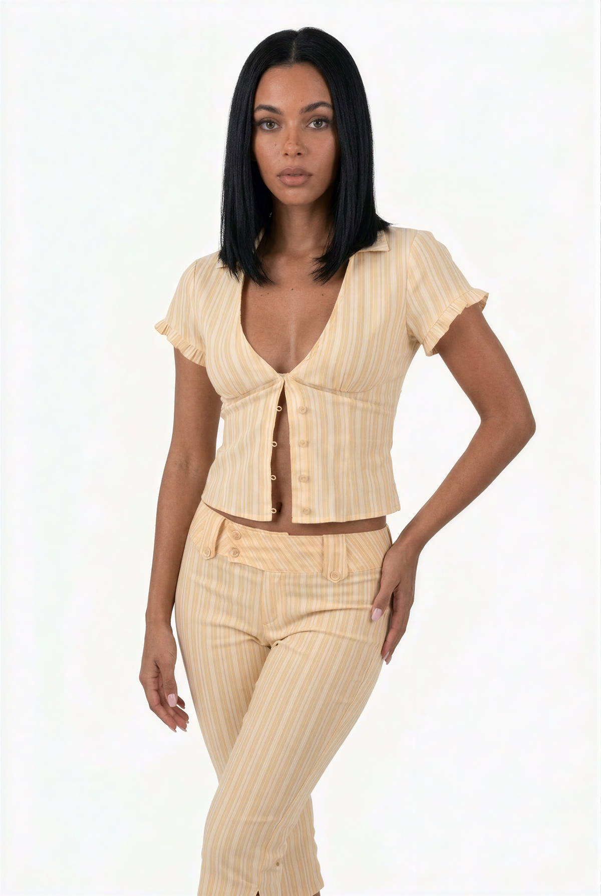 Yellow & White Striped Two-Piece Capri Set