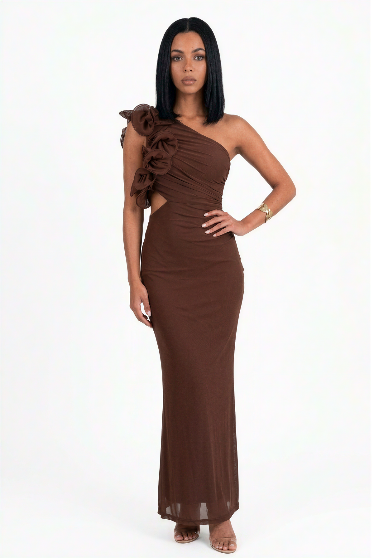 Brown One-Shoulder Ruffle Cutout Maxi Dress