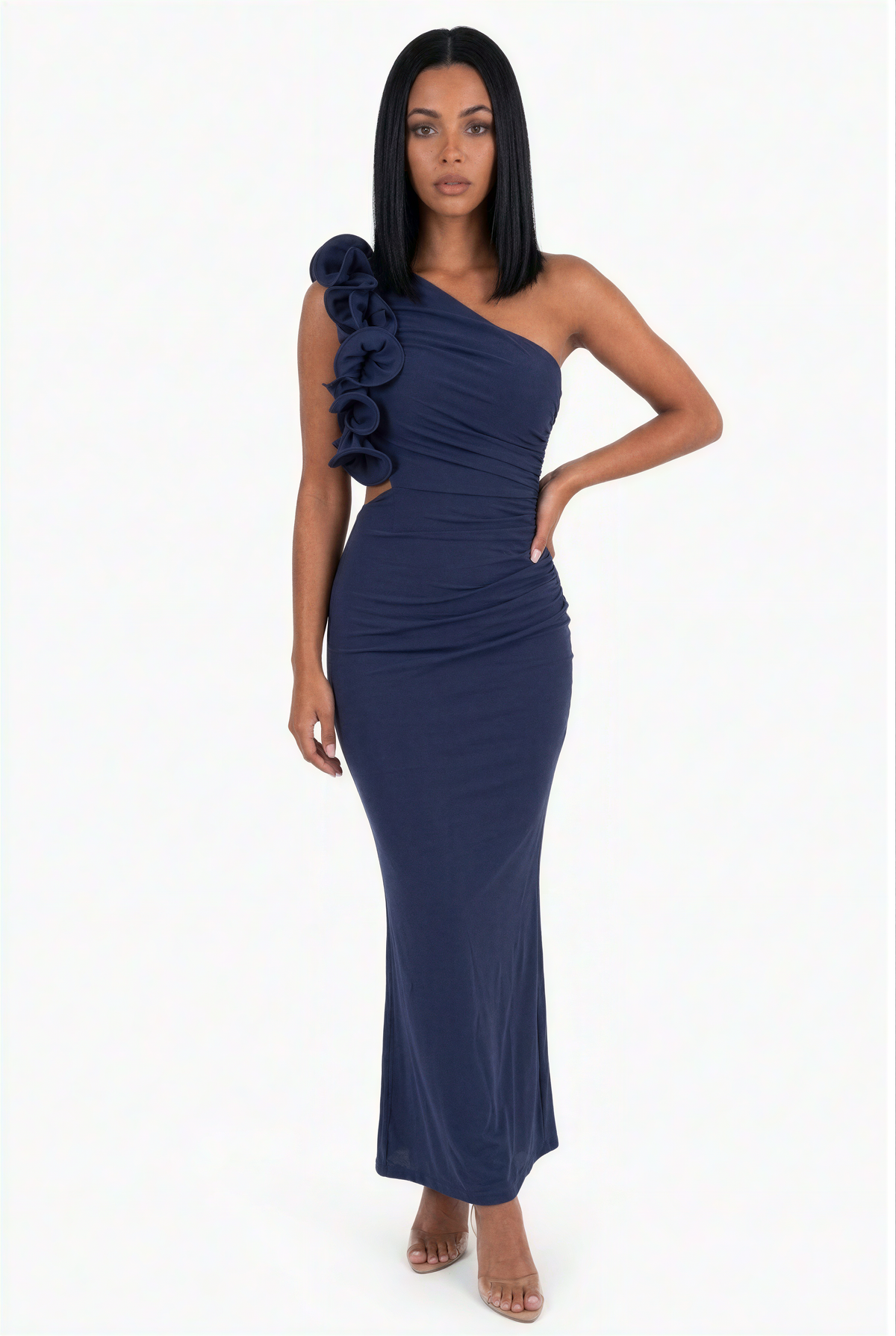 Brown One-Shoulder Ruffle Cutout Maxi Dress