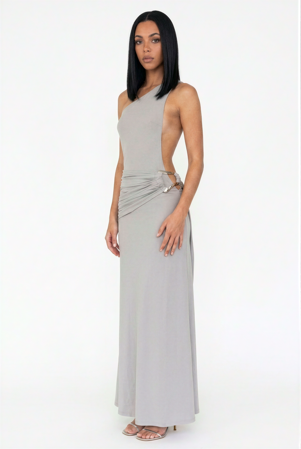 Asymmetrical Ruched Side-Buckle Maxi Dress