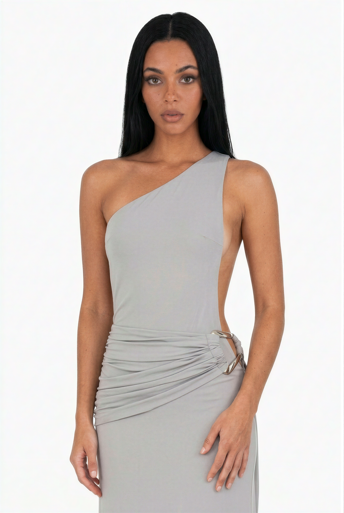 Asymmetrical Ruched Side-Buckle Maxi Dress