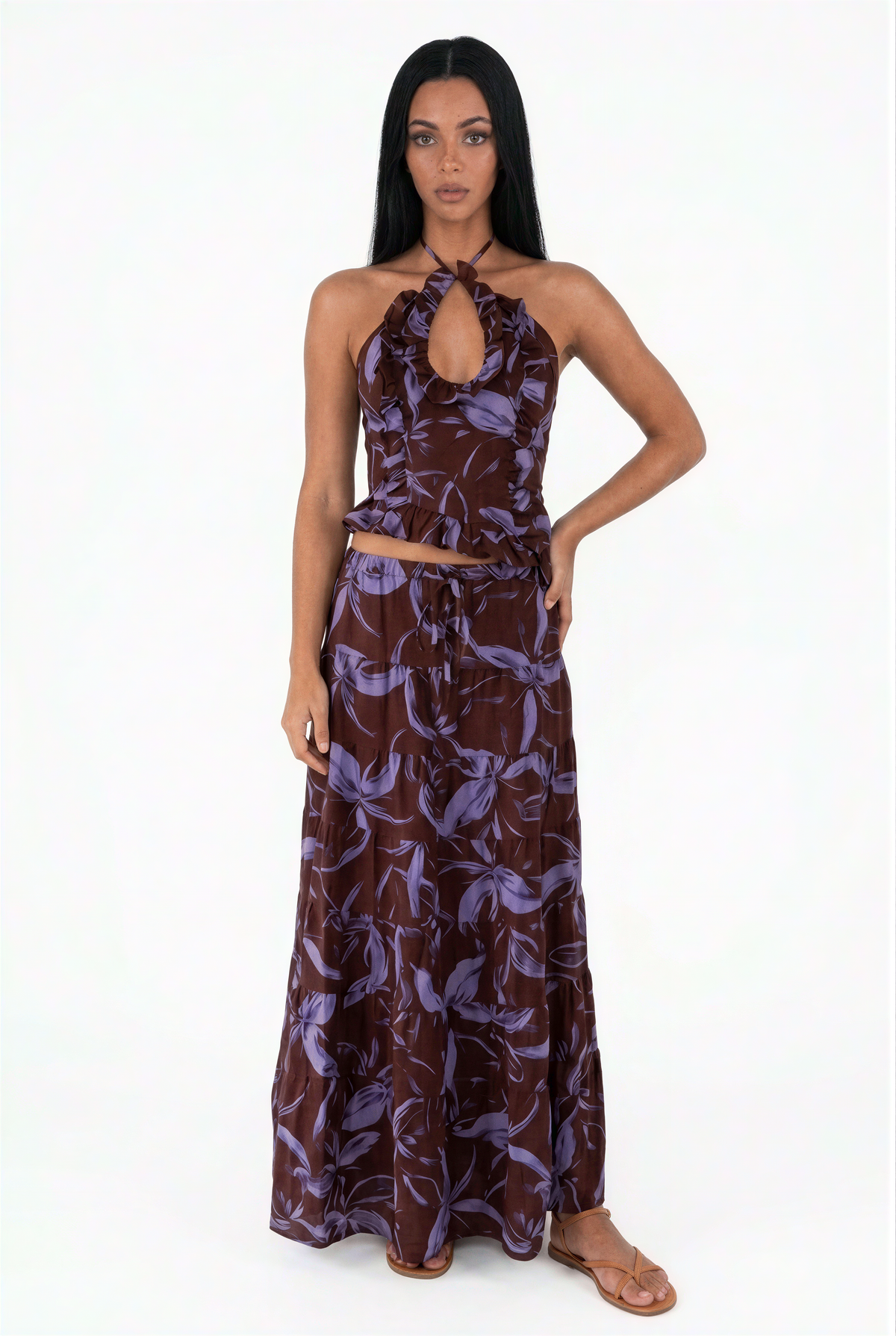 Deep Plum & Lavender Floral Tiered Maxi Set