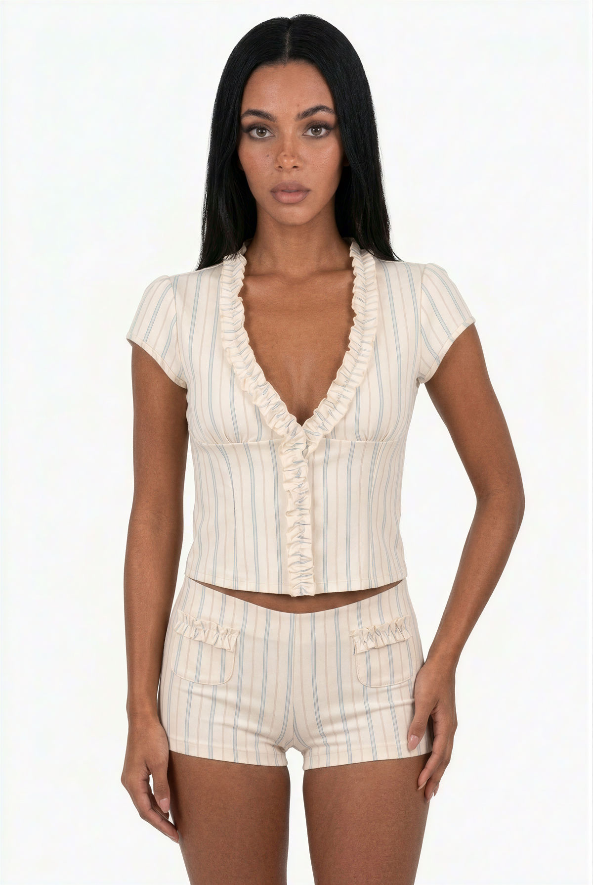 Cream Pinstripe Ruffle V-Neck Top and Matching Set