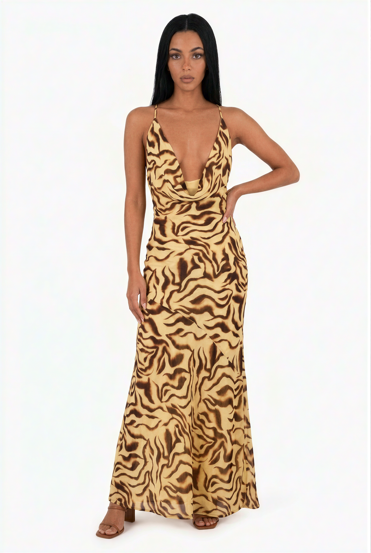 Cowl Neck Abstract Animal Print Maxi Dress