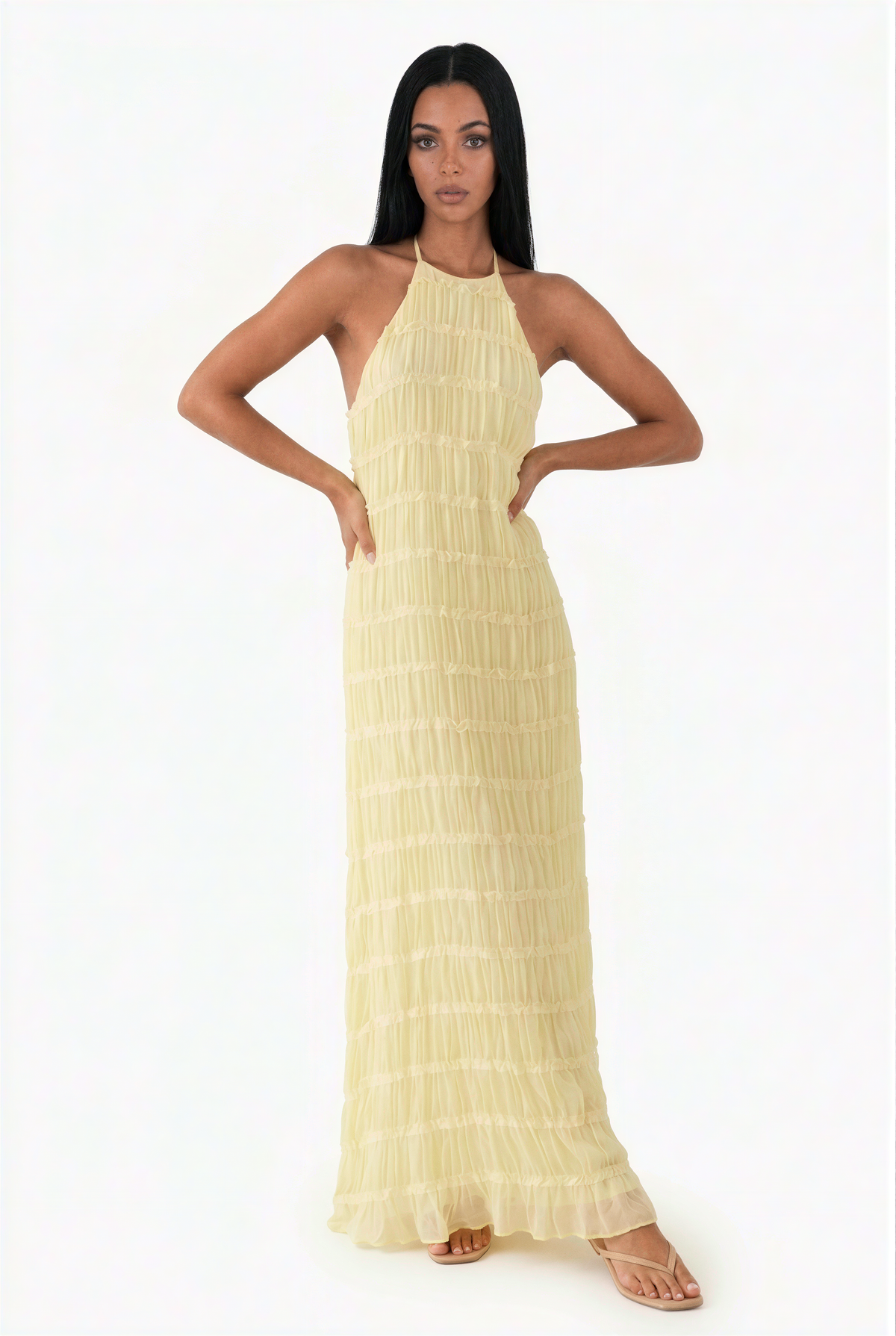 Yellow Tiered Halter Maxi Dress