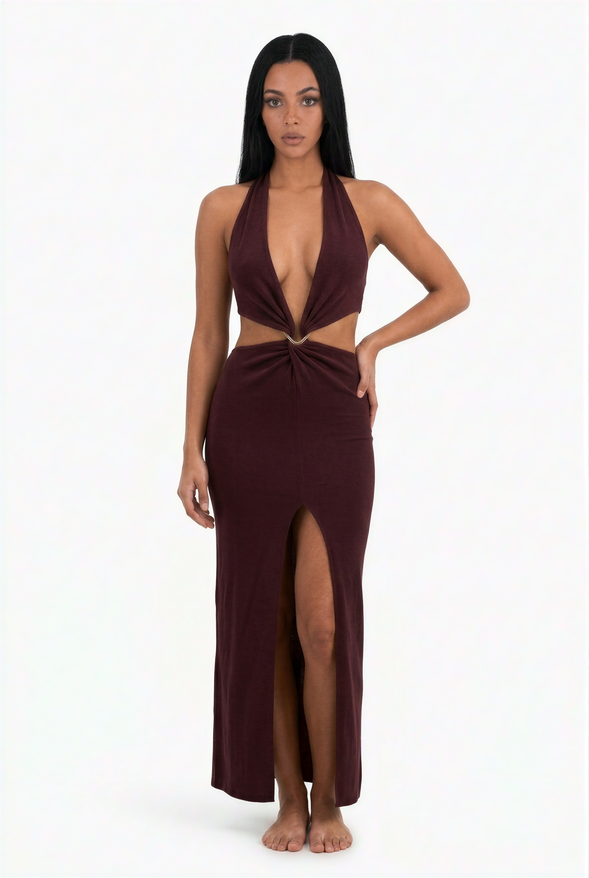 Plum Plunging Halter Cutout Maxi Dress