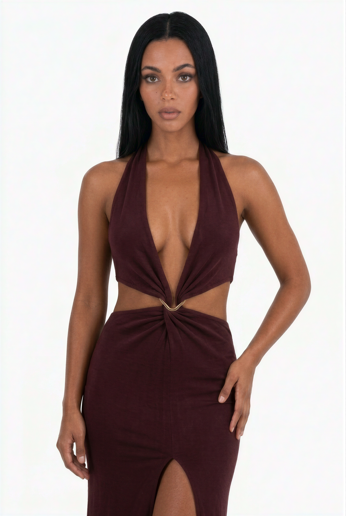 Plum Plunging Halter Cutout Maxi Dress