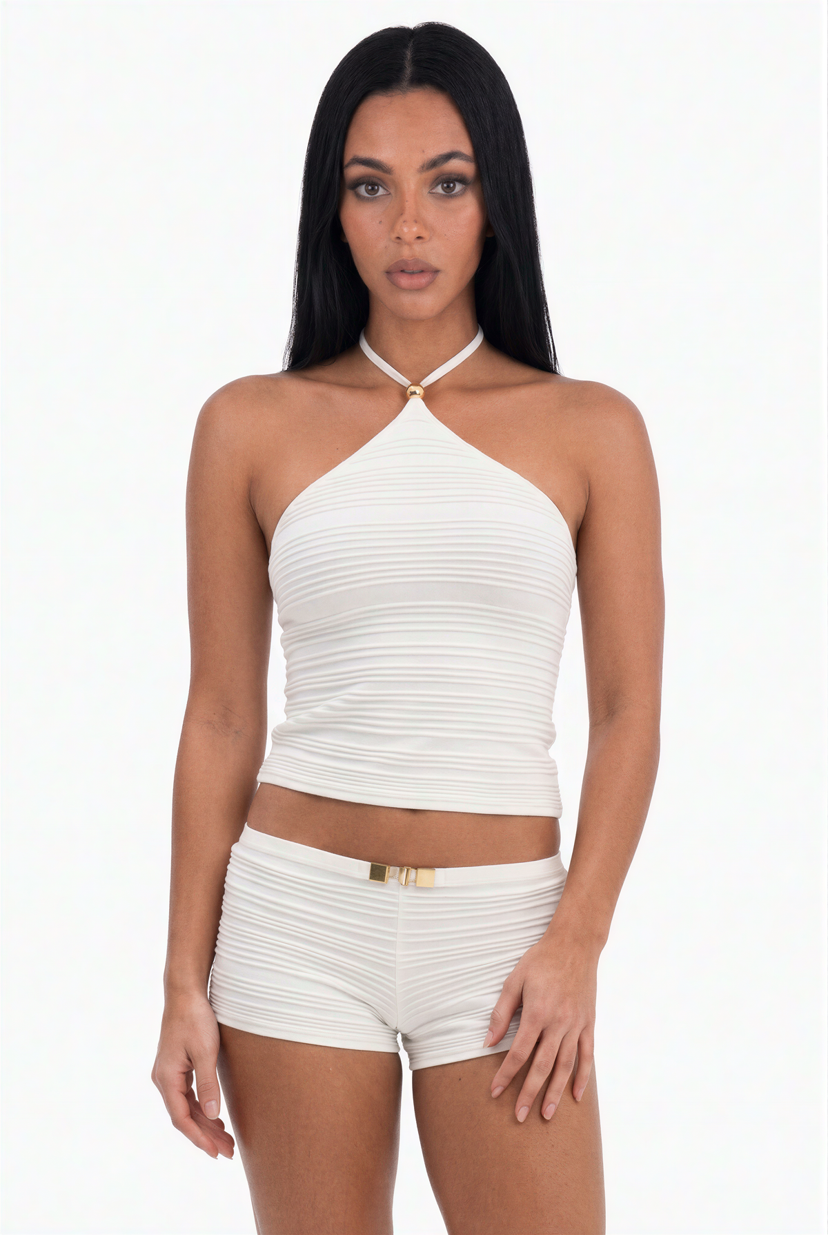 White Ribbed Halter Top and Shorts Set