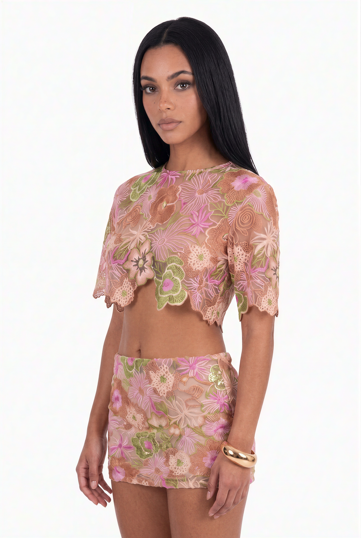 Floral Embroidered Mesh Crop Top and Mini Skirt Set