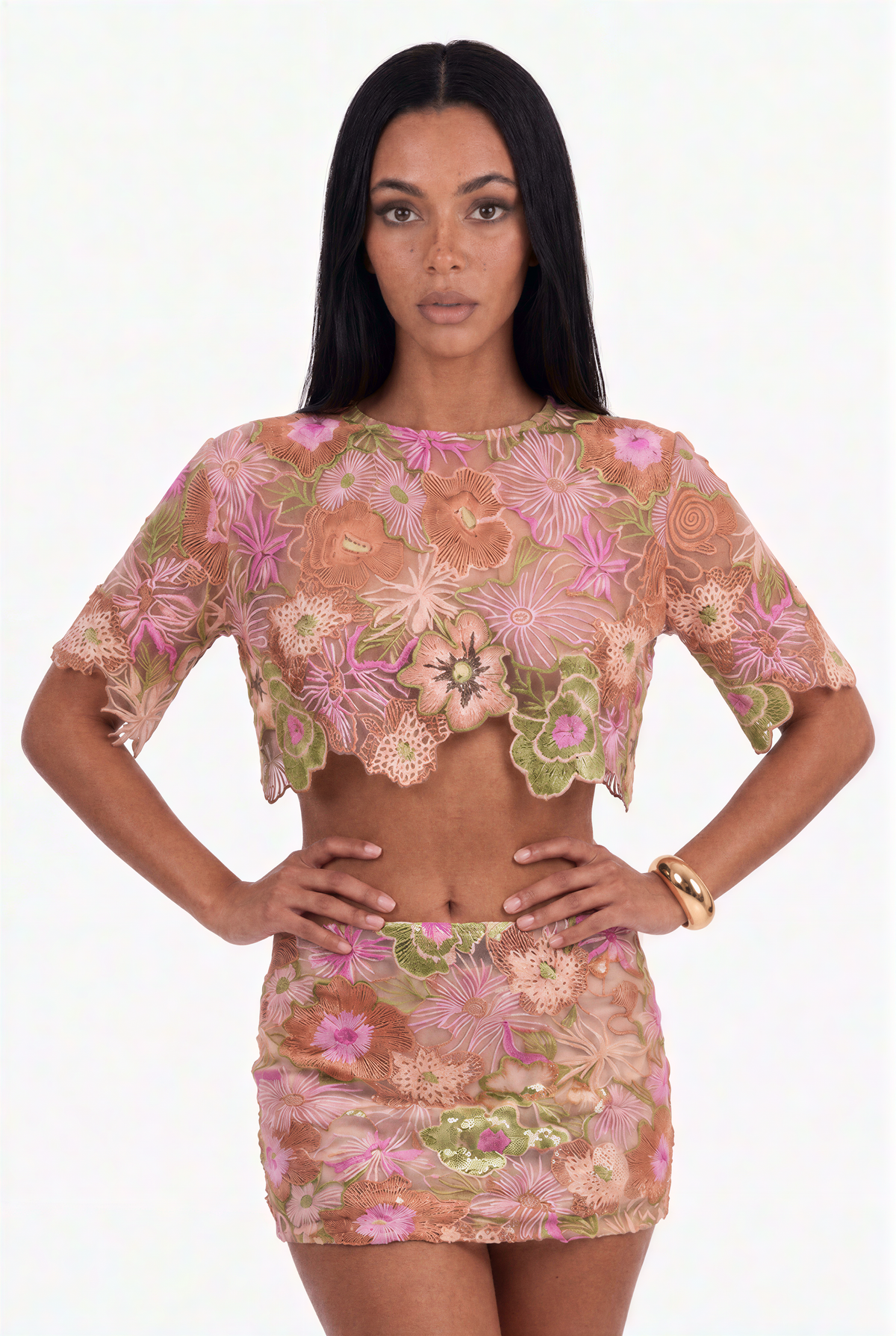 Floral Embroidered Mesh Crop Top and Mini Skirt Set