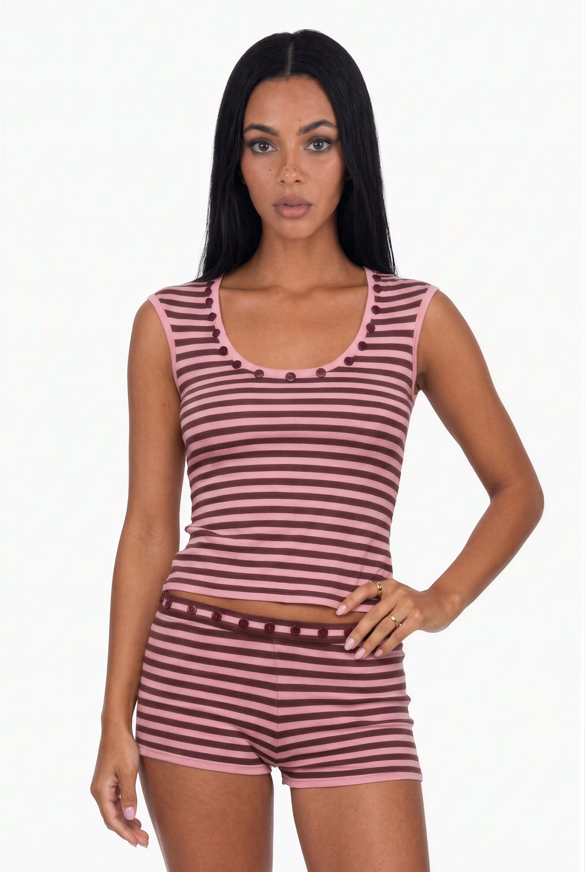 Button-Accented Striped Knit Matching Set