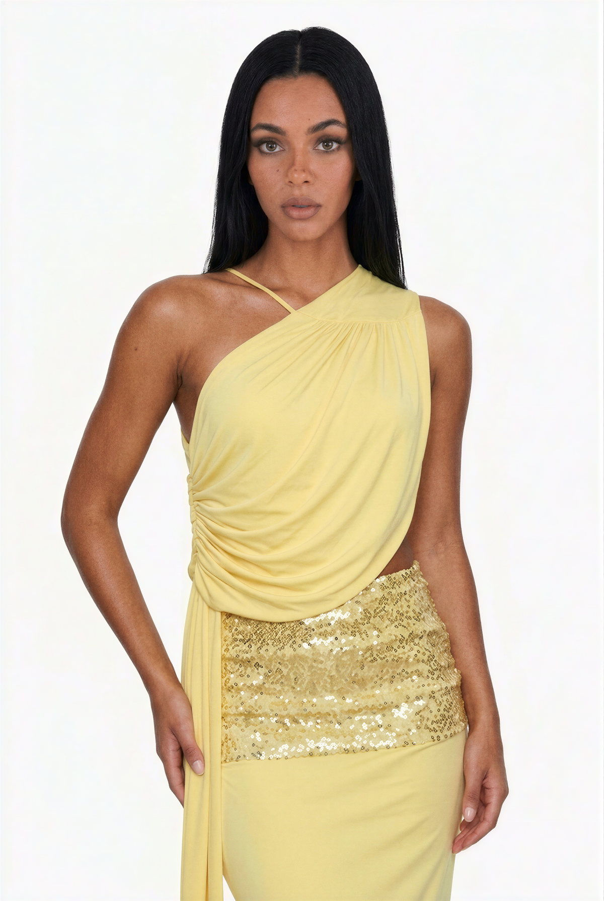 Lemon Yellow Ruched Gown with Sequin Detail Dress