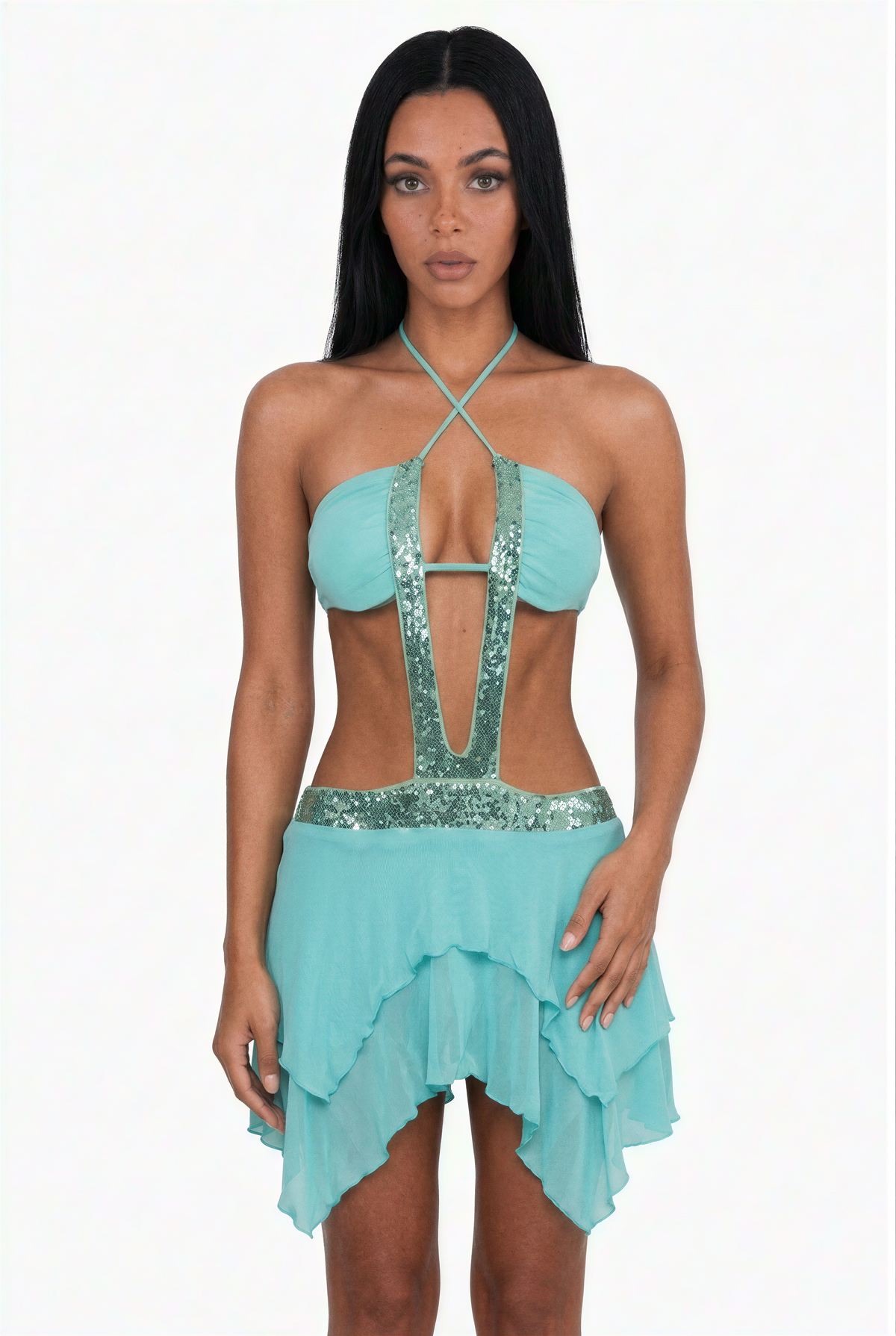 Aqua Blue Plunge Layered Ruffle Festival Dress