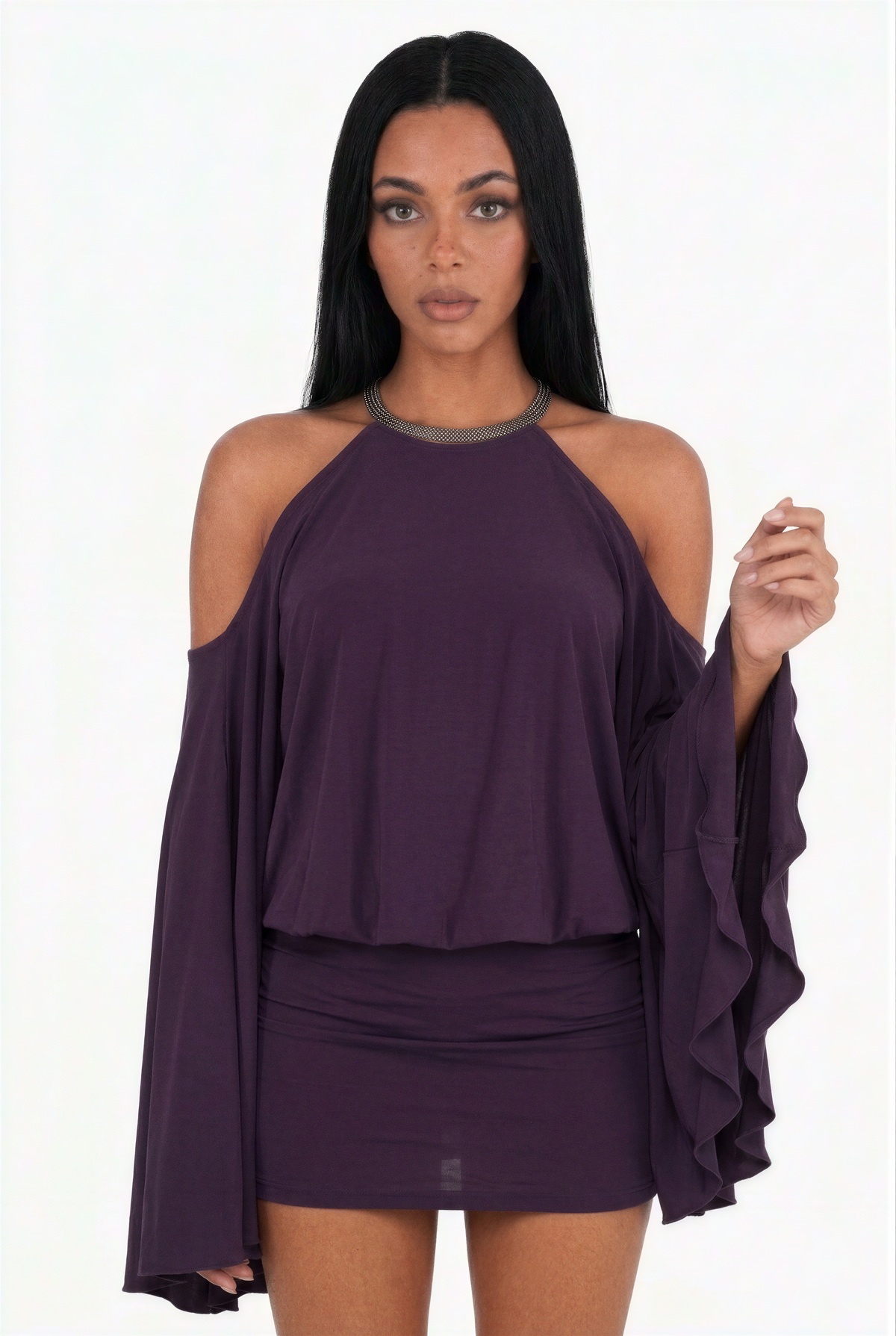 Draped Batwing Sleeve Embellished Backless Party Dress