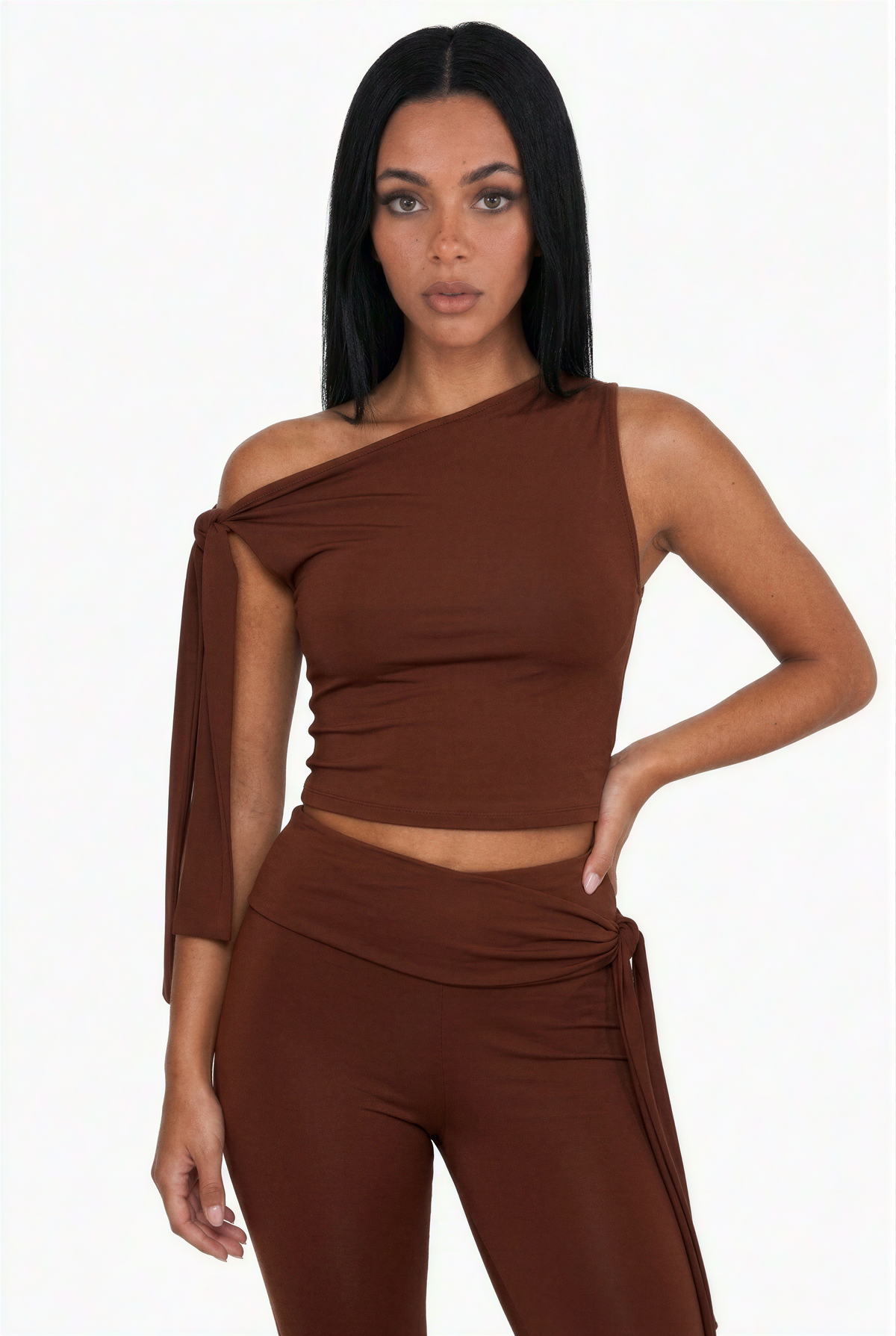 Chocolate Brown Asymmetrical Tie-Shoulder Two-Piece Set