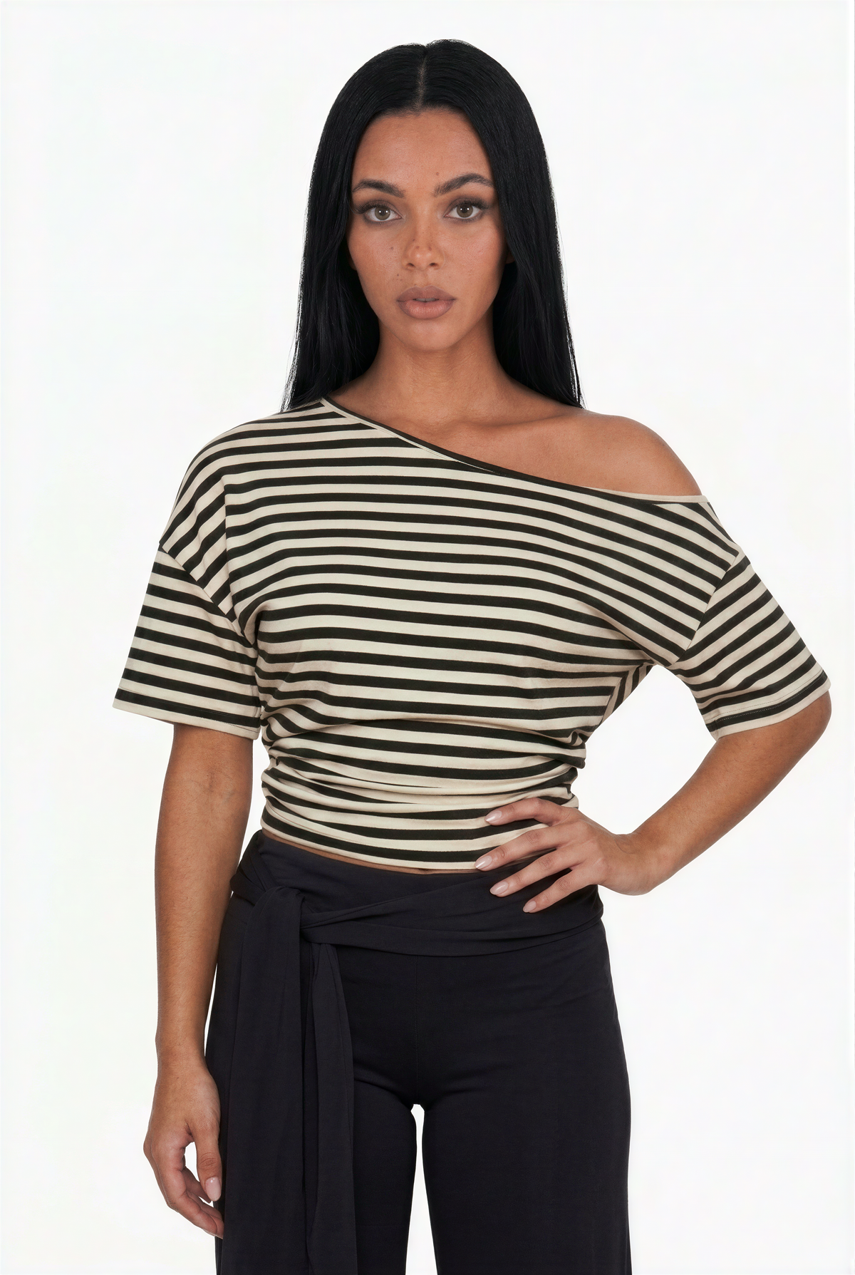 Striped Off-The-Shoulder Short Sleeve Top