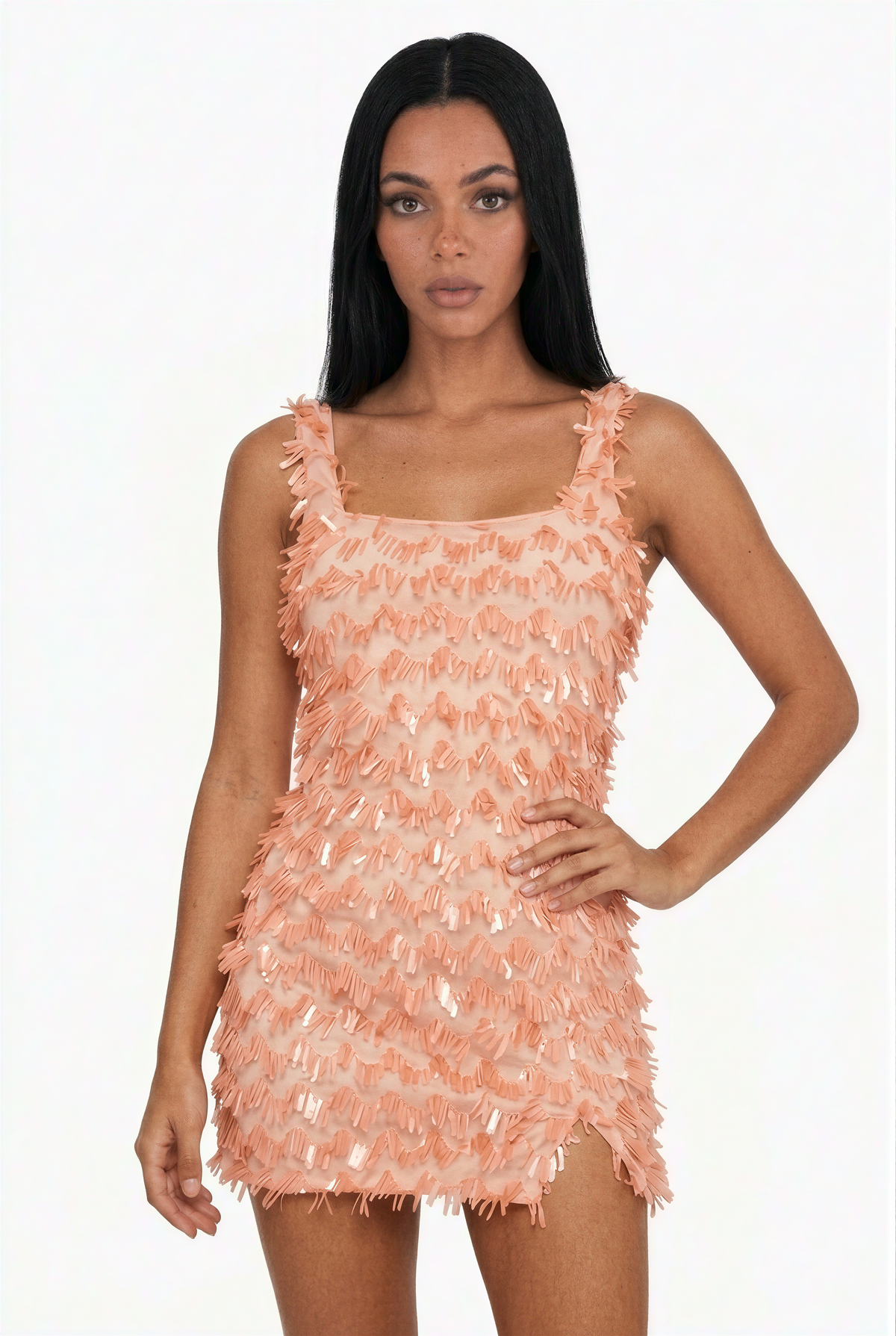 Peach Fringe Sequin Square Neck Mini Dress