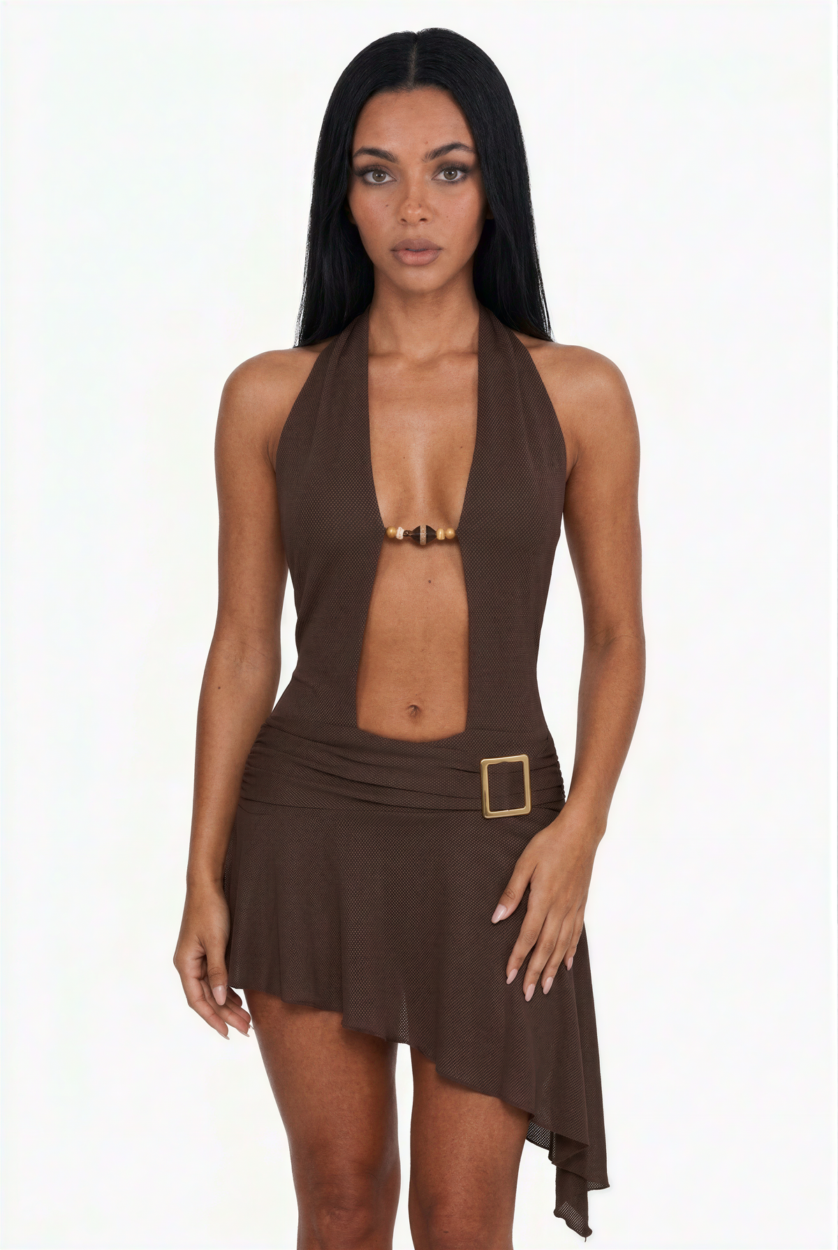 Brown Halter Plunge Asymmetrical Mini Dress