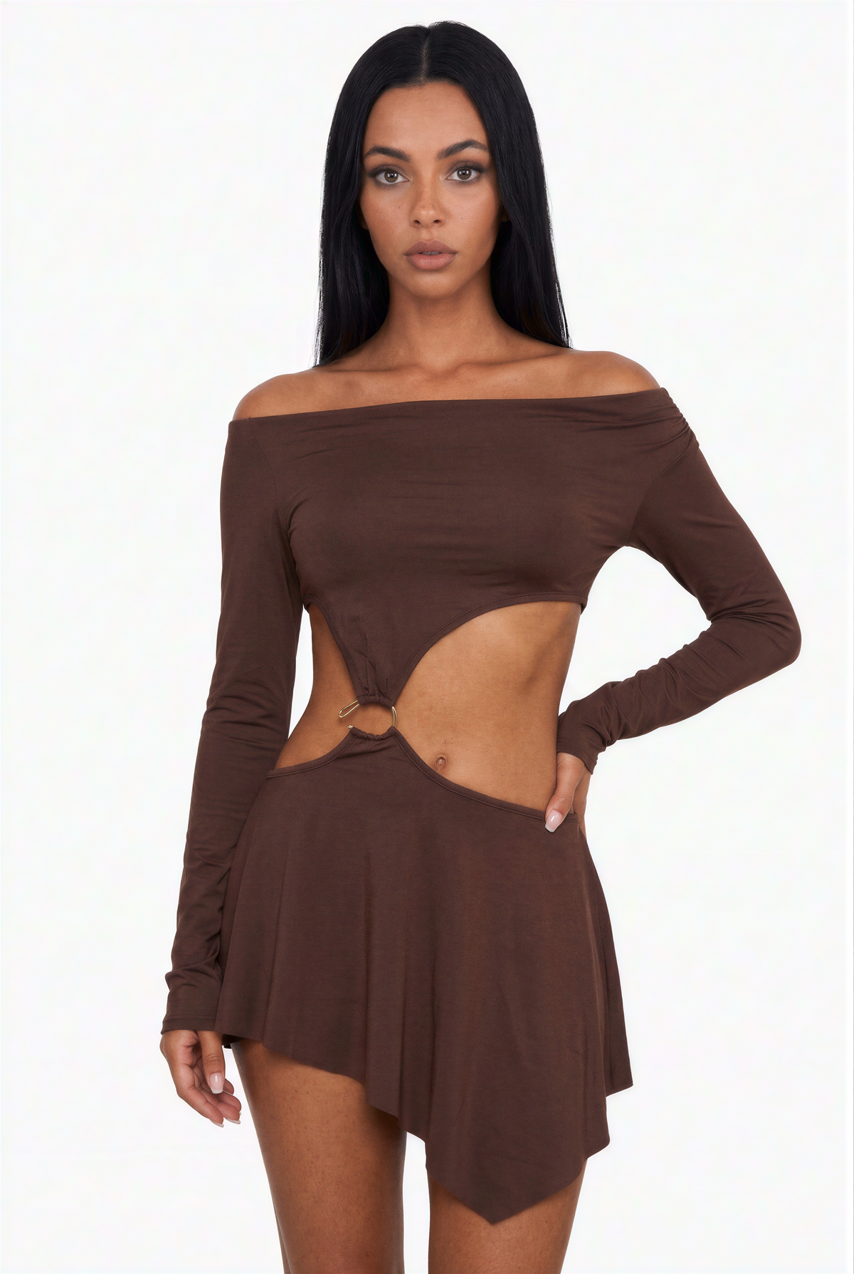 Chocolate Brown Long Sleeve Cut-Out Mini Dress