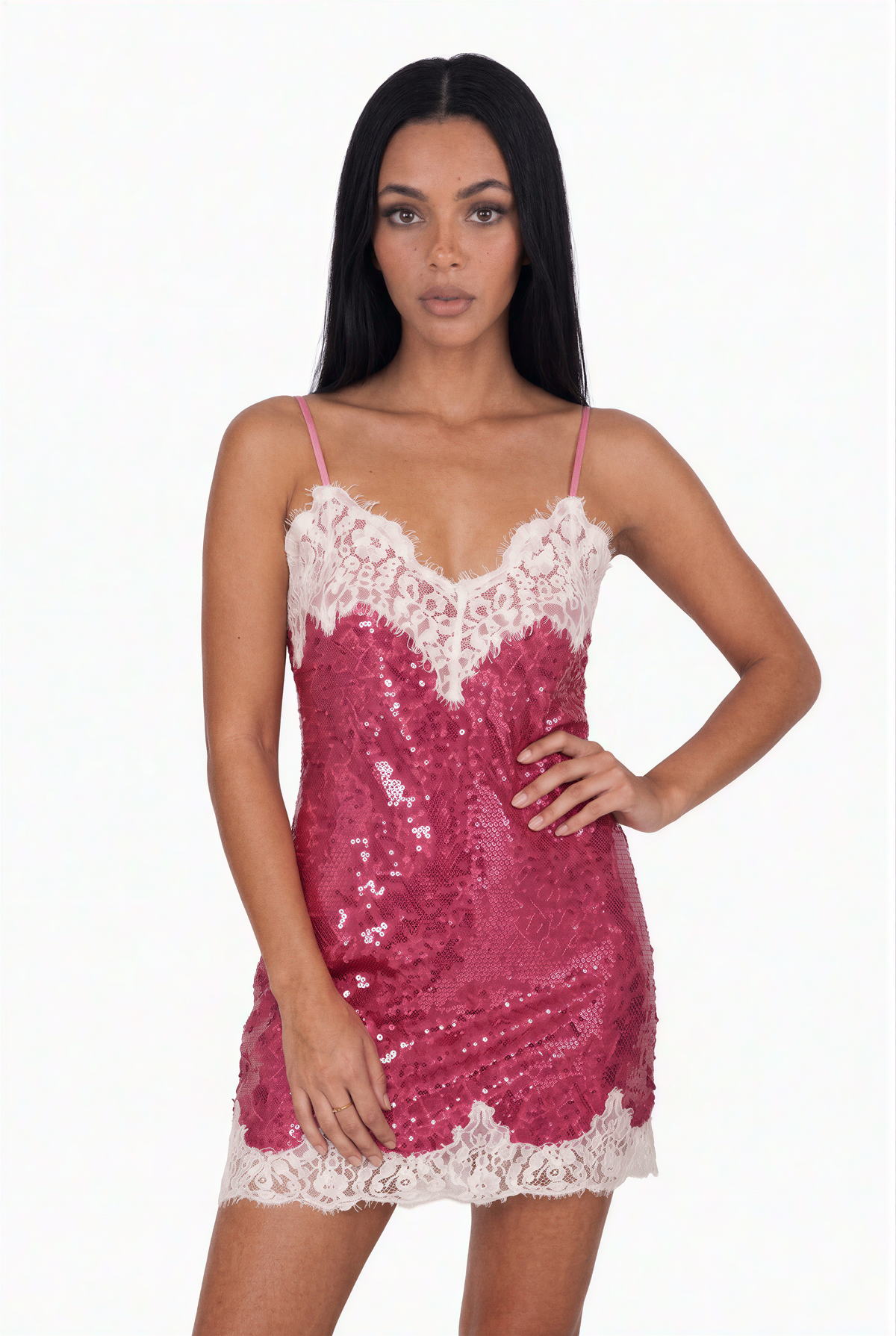 Pink Sequin Lace Mini Dress