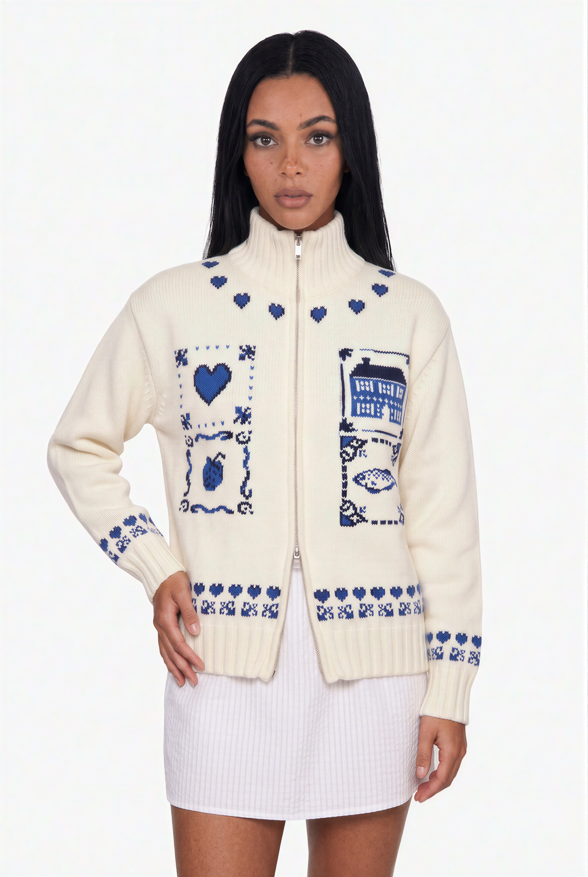 Ivory Heart Intarsia Zip-Up Cardigan