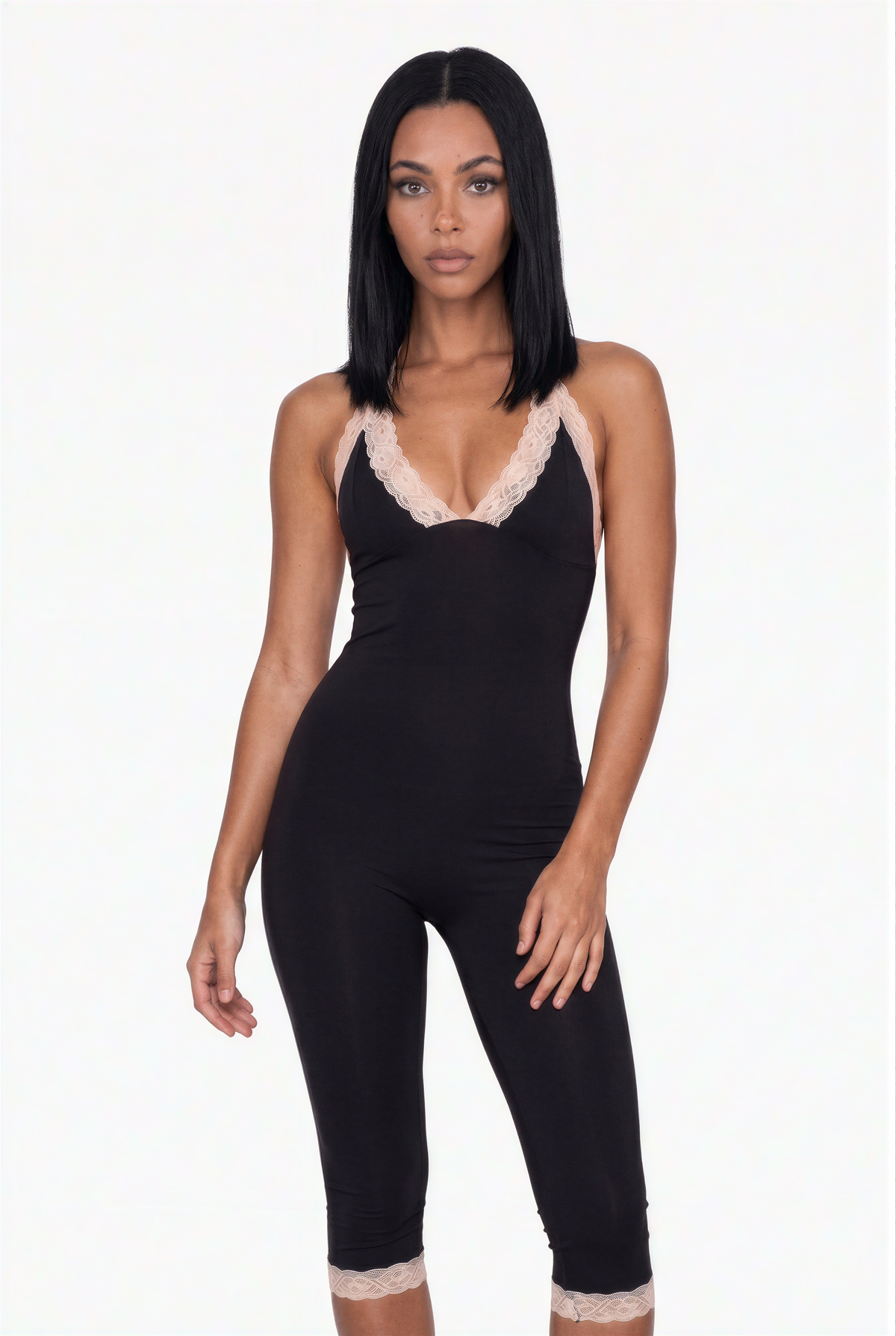 Black Lace-Trim Halter Capri Jumpsuit