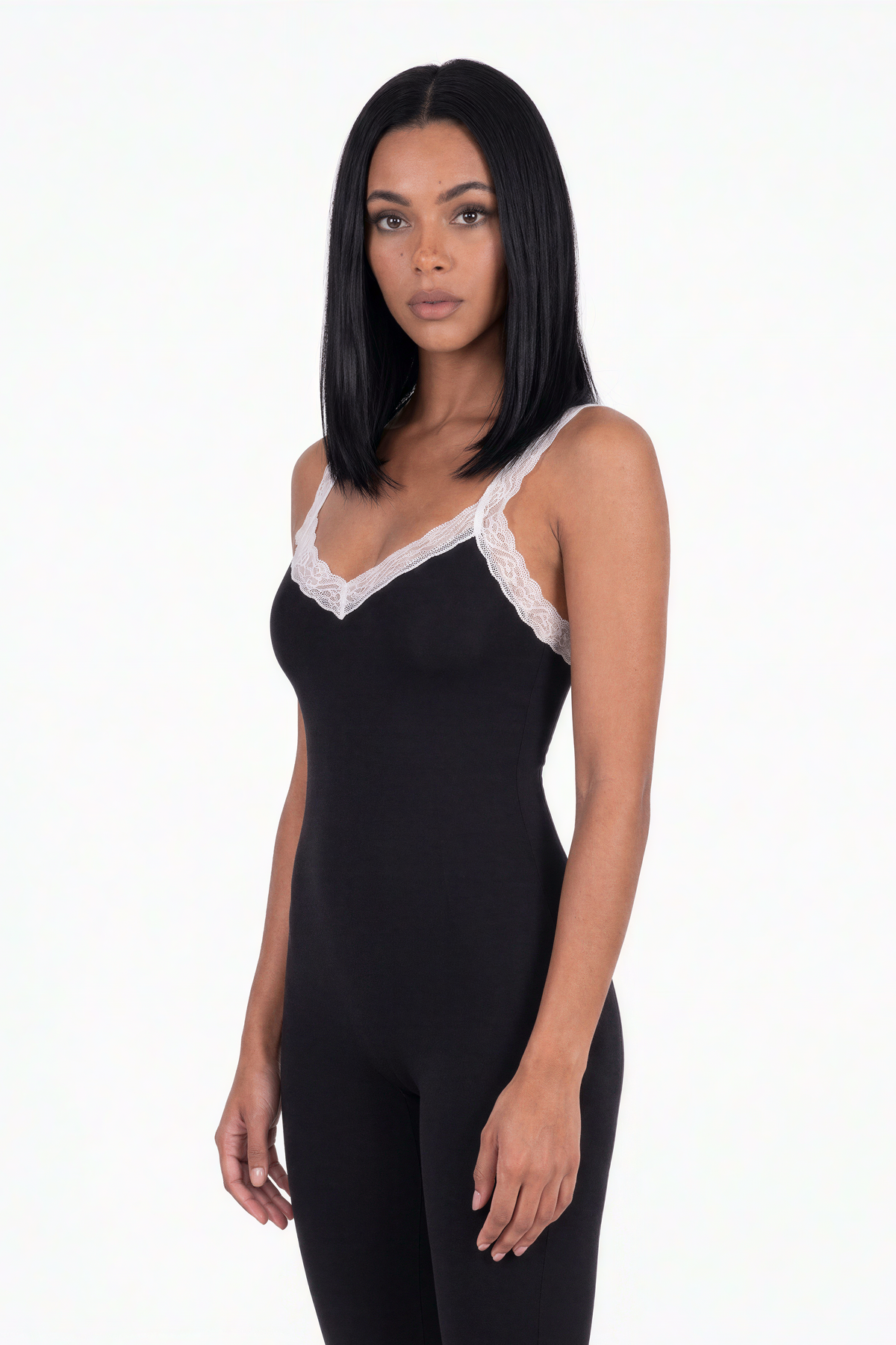 Black Lace-Trim Halter Capri Jumpsuit