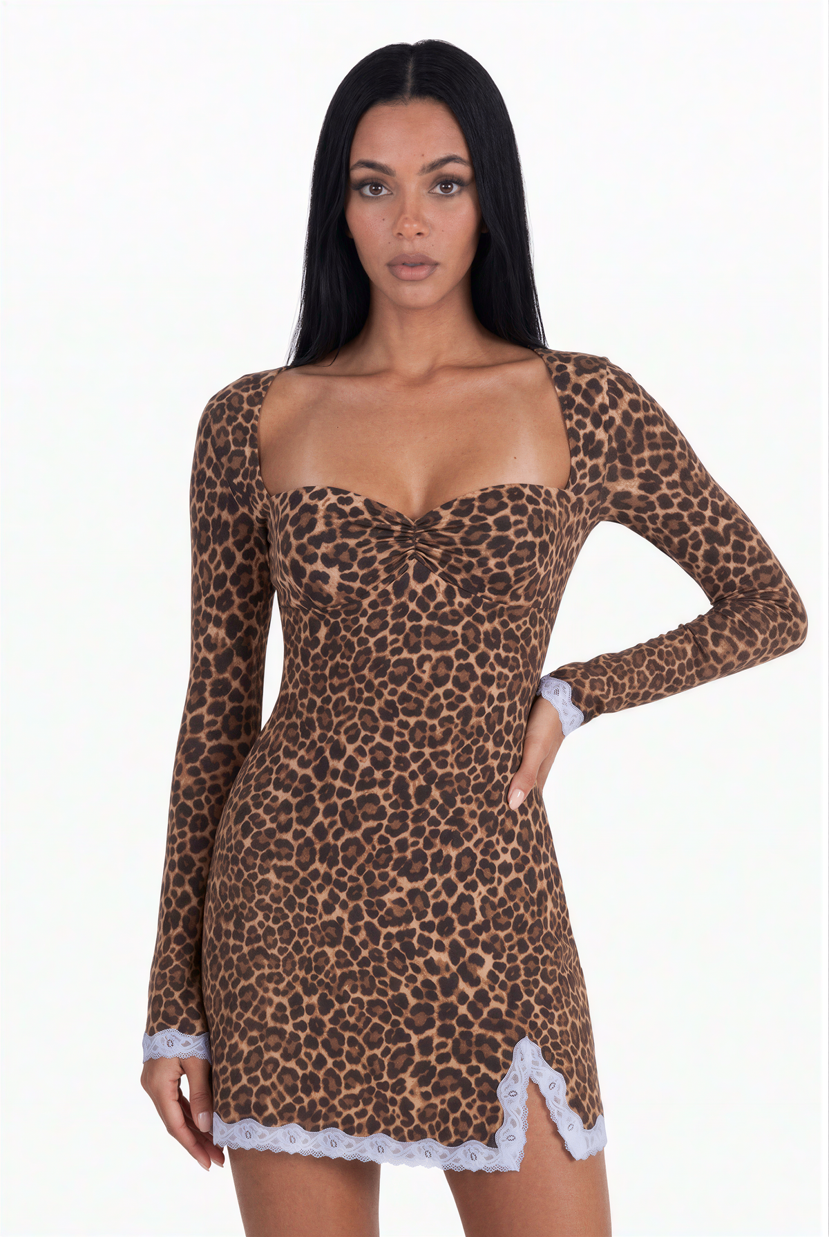 Leopard Lace-Trim Long Sleeve Mini Dress