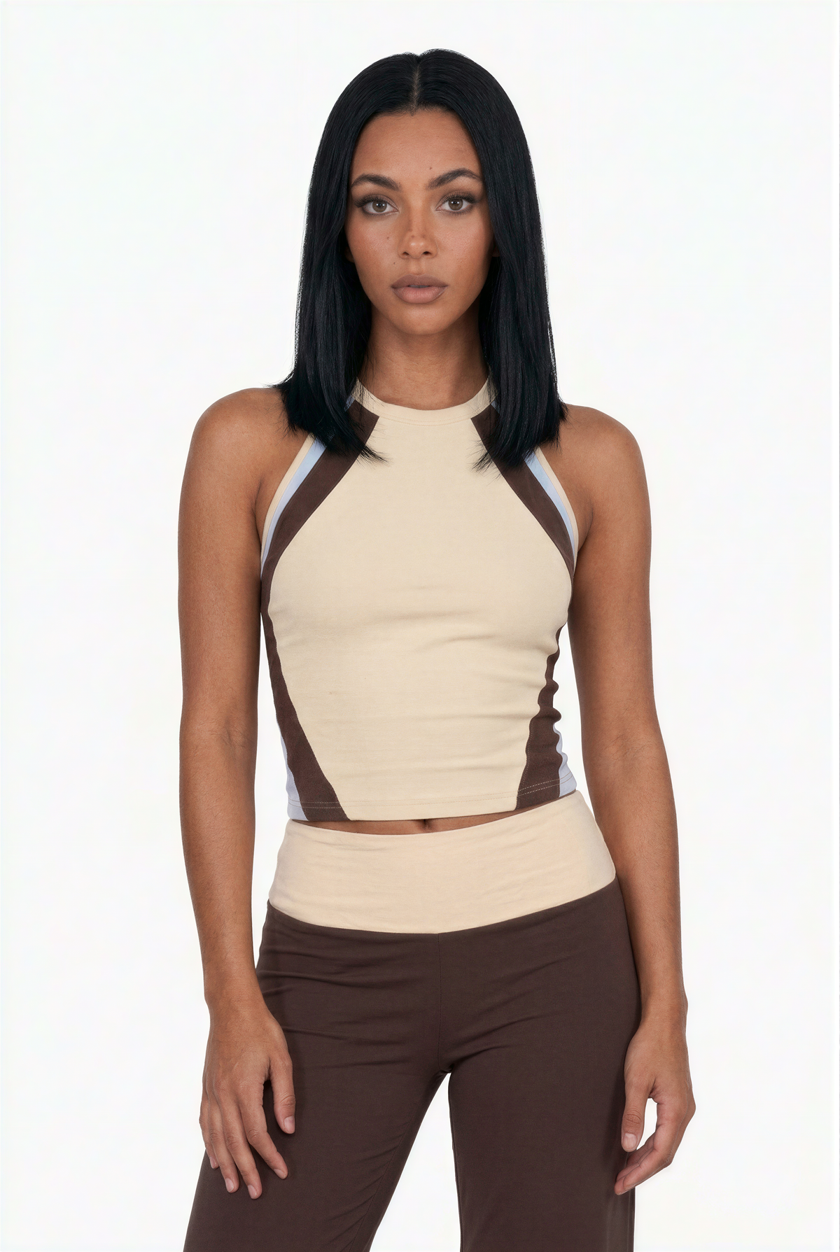 Cream & Brown Color-Block Halter Top and Flared Pants Set