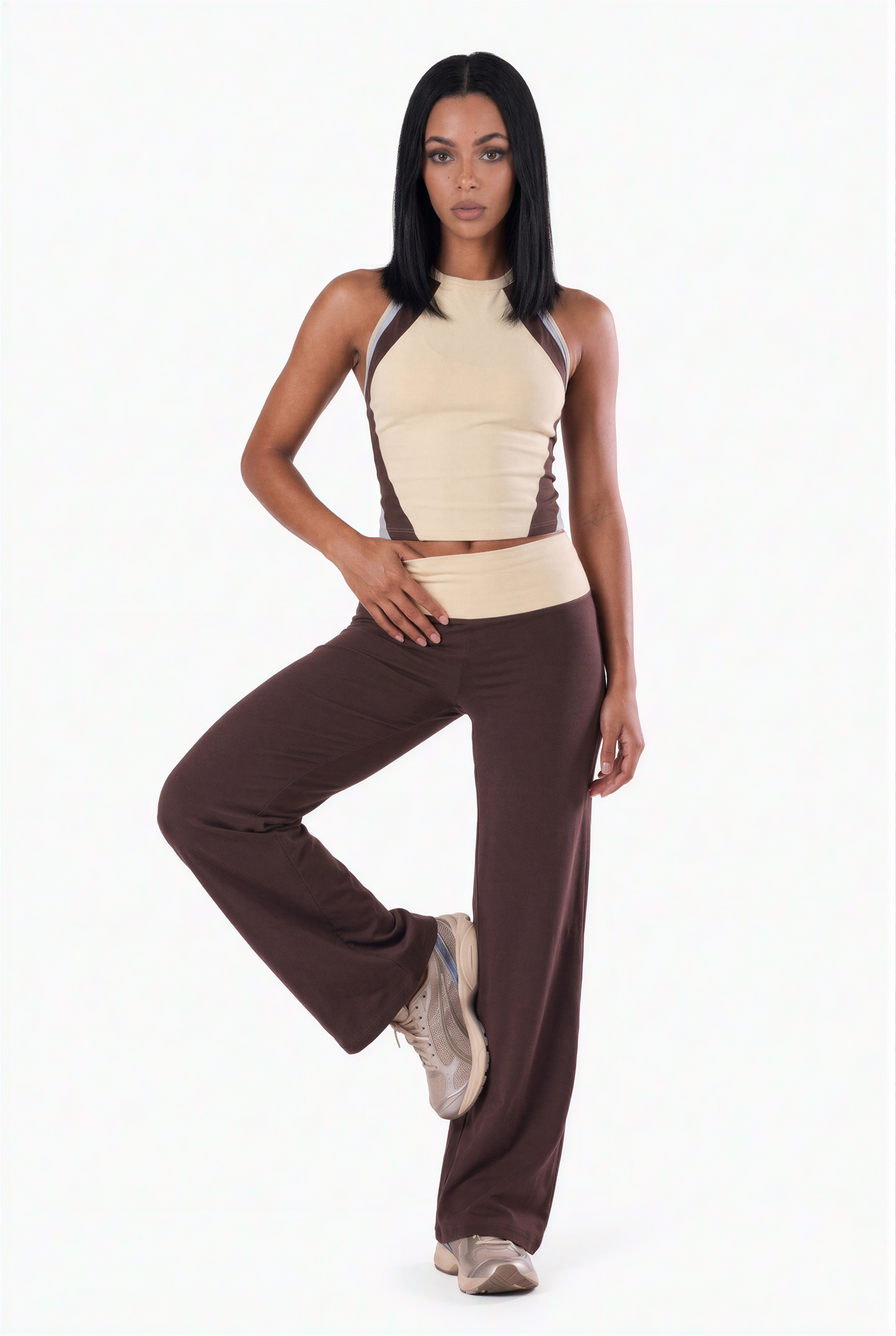 Cream & Brown Color-Block Halter Top and Flared Pants Set