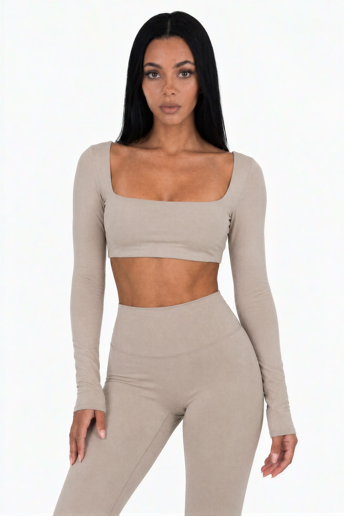 Taupe Square Neck Long Sleeve Set