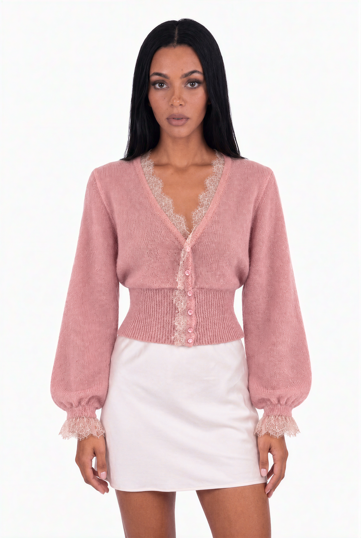 Pink Lace-Trimmed Fuzzy Knit Cardigan